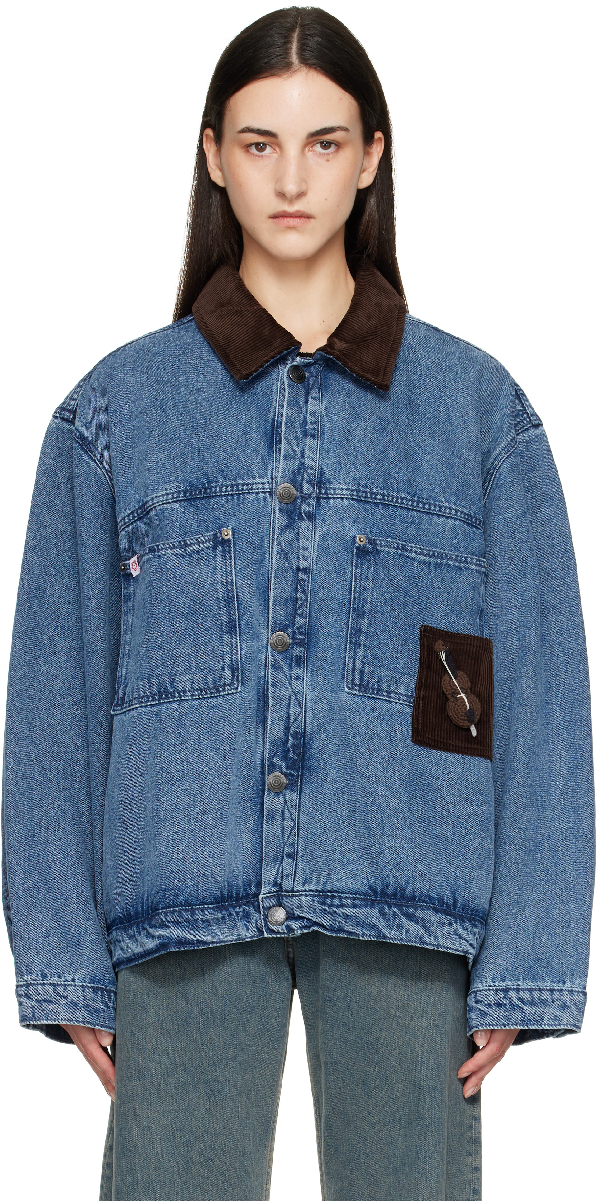 Charles Jeffrey LOVERBOY デニムジャケット Gジャン Charles Jeffrey LOVERBOY: Blue Corduroy Collar Denim Jacket | SSENSE