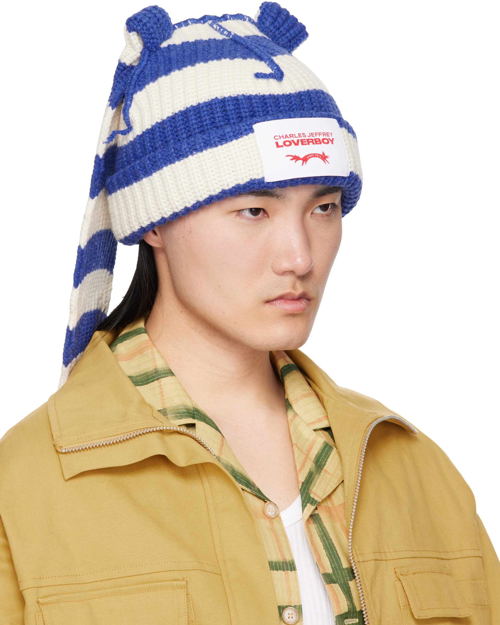 Charles Jeffrey LOVERBOY: Blue & White Chunky Rabbit Beanie | SSENSE