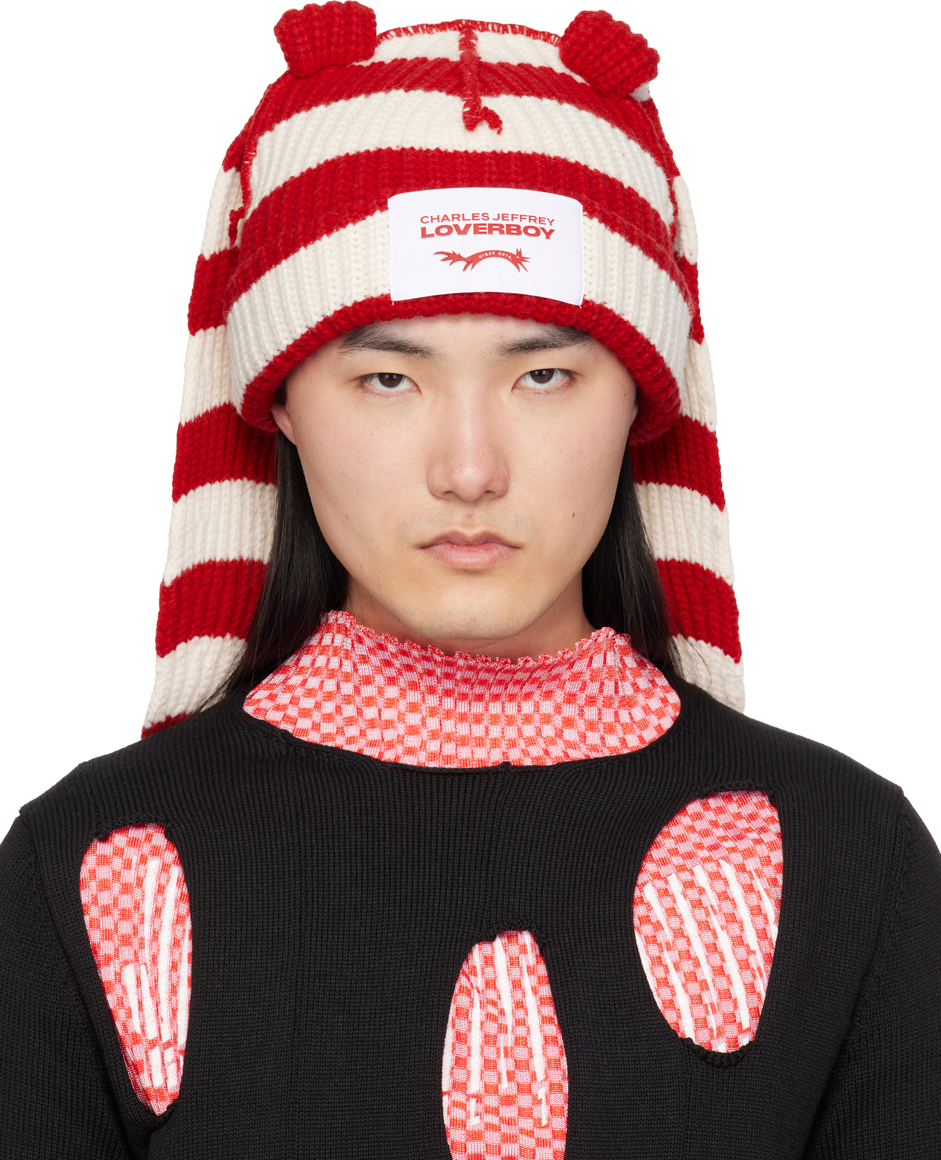 Charles Jeffrey LOVERBOY: レッド＆ホワイト Chunky Rabbit ビーニー