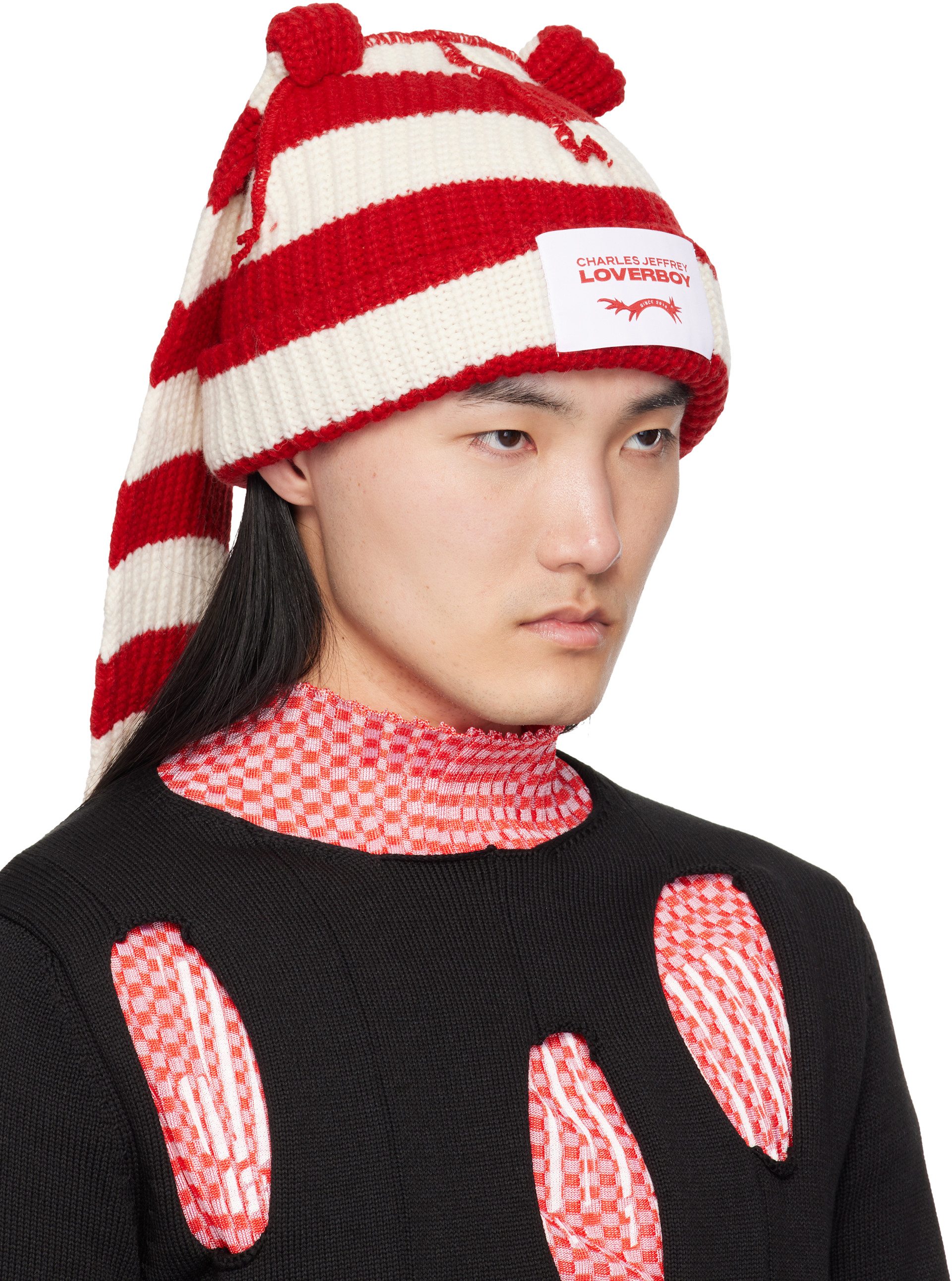 Charles Jeffrey LOVERBOY: Red & White Chunky Rabbit Beanie | SSENSE Canada