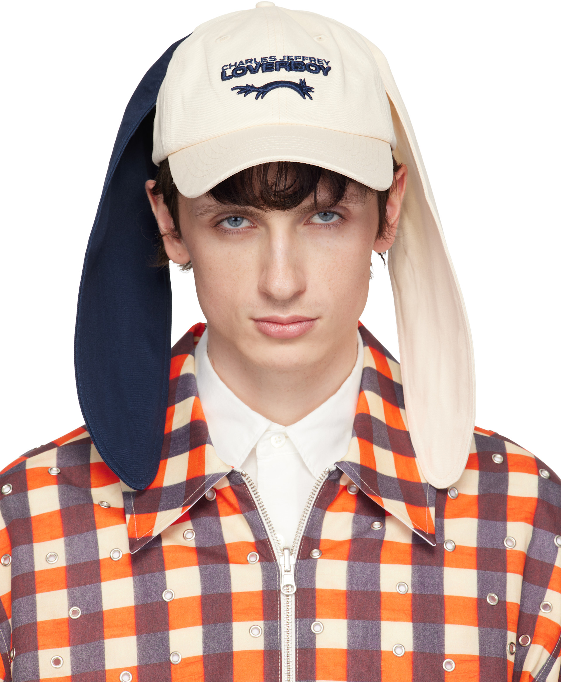 Charles Jeffrey LOVERBOY: Off-White & Navy Colour Block Bunny Cap