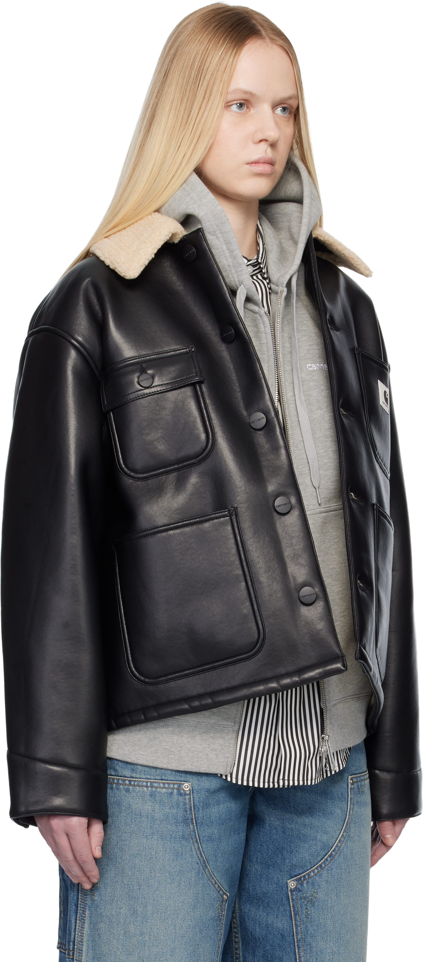 36×30 Carhartt フェードブラック レザーロゴ YKK 金ボタン カーハート（CARHARTT）（メンズ）ロングスリーブクラフトシャツ