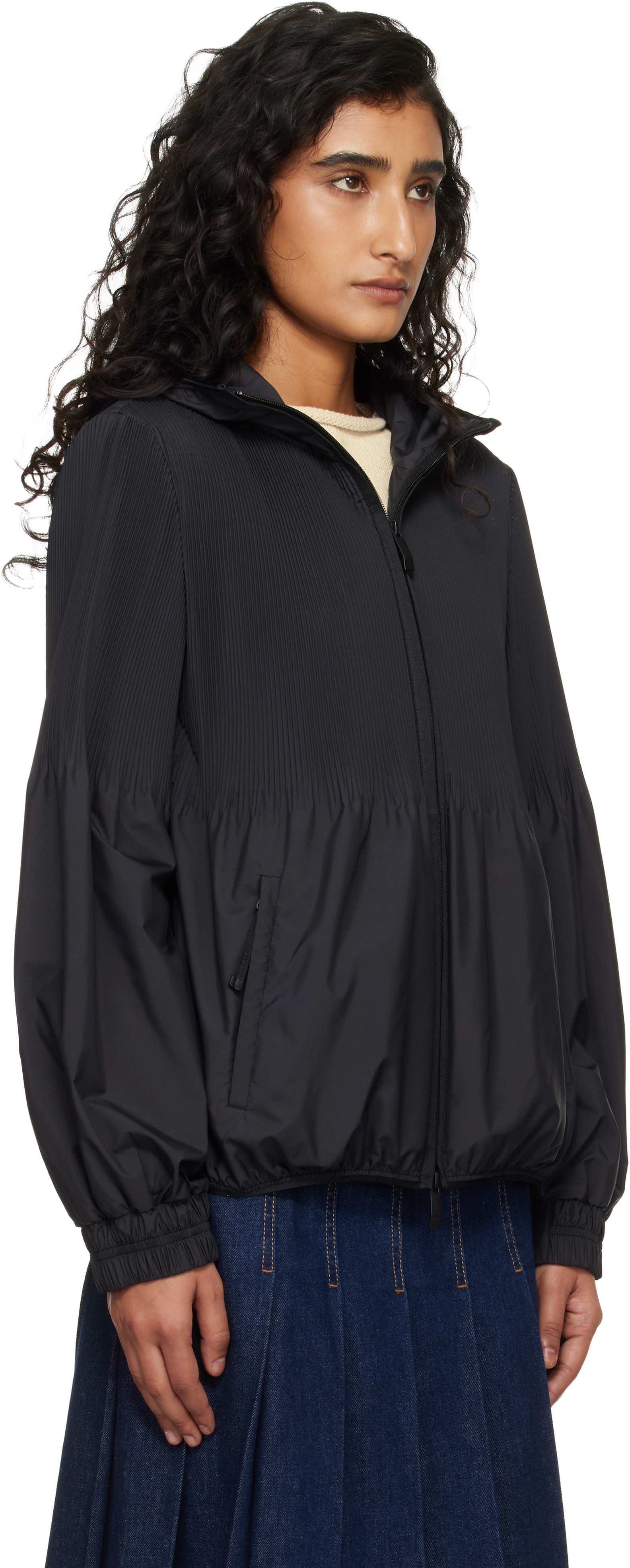 Moncler: Black Anemone Pleated Hooded Jacket | SSENSE