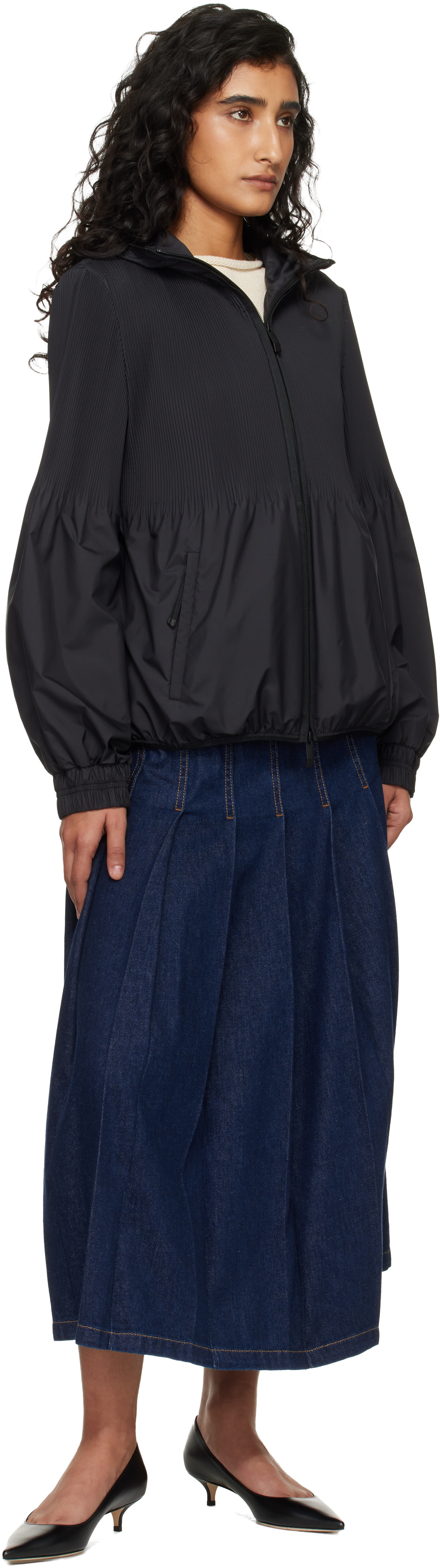 Moncler: Black Anemone Pleated Hooded Jacket | SSENSE