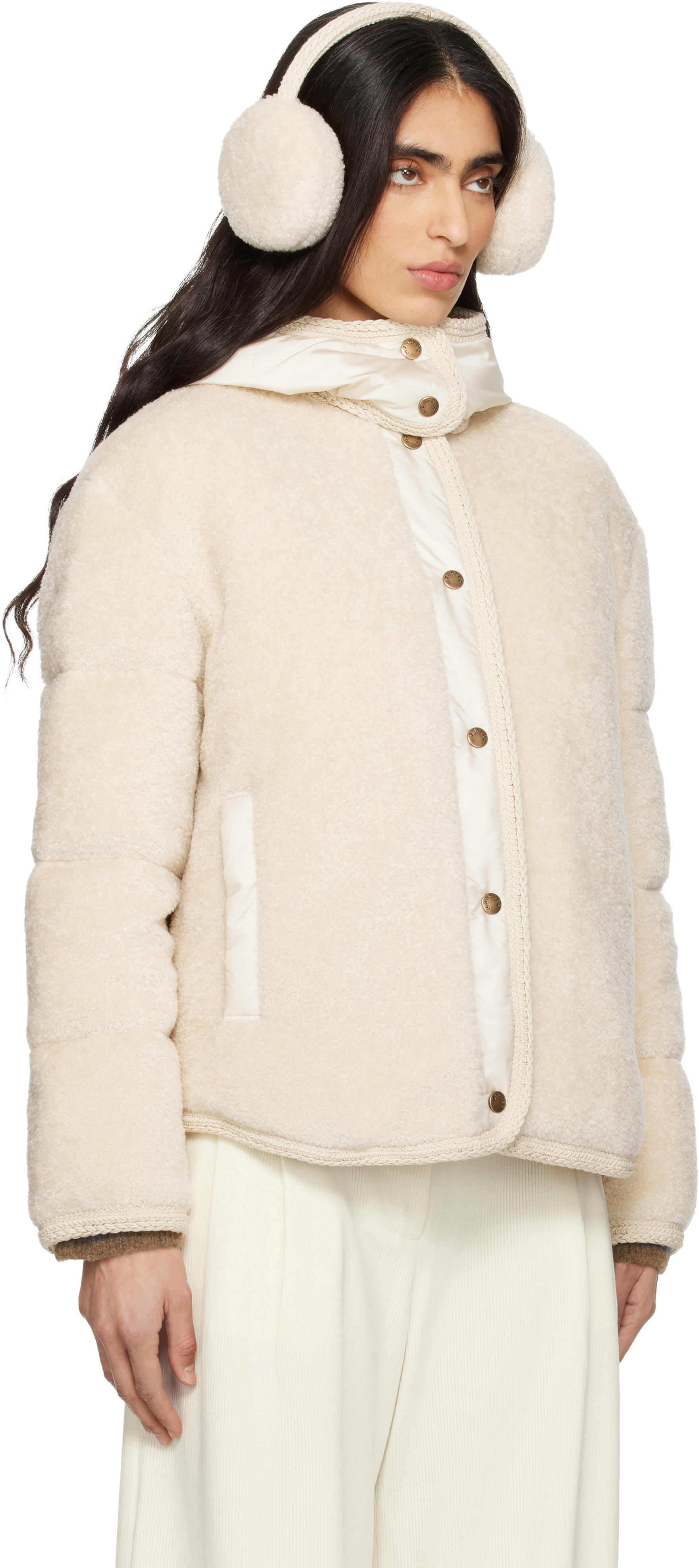 Moncler: Beige Ciboulette Braided Trim Teddy Hooded Down Jacket