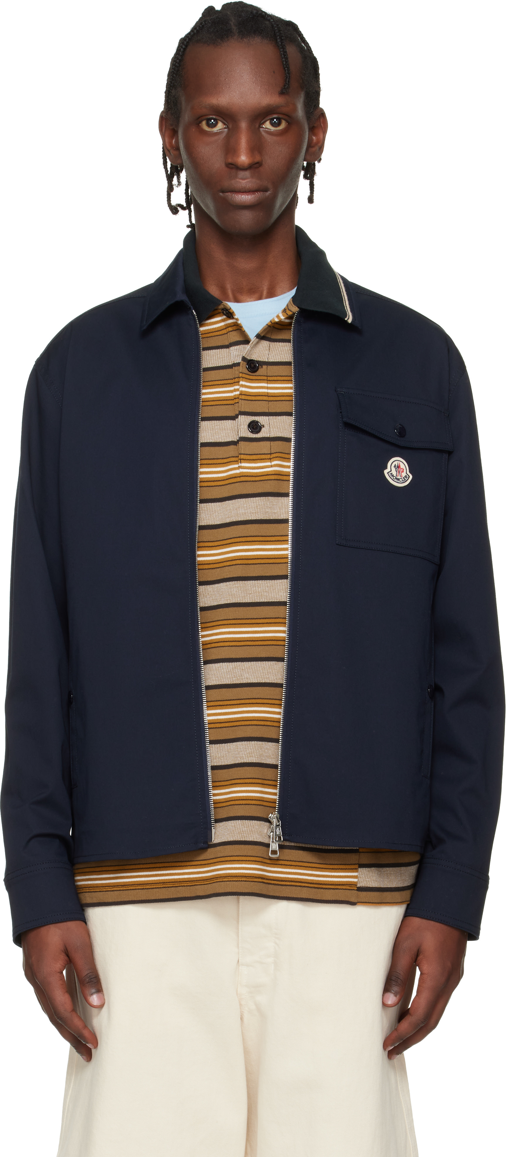 Moncler: Navy Cotton Blend Gabardine Shirt Jacket | SSENSE