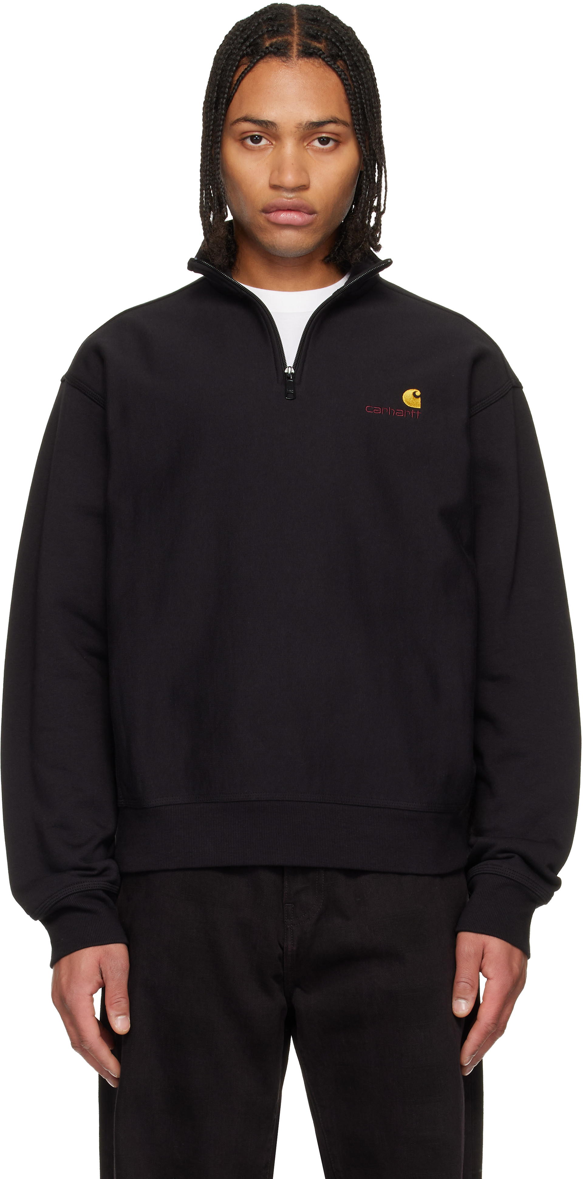 Carhartt Work In Progress - Pull molletonné noir à demi-glissière et à logo American Script