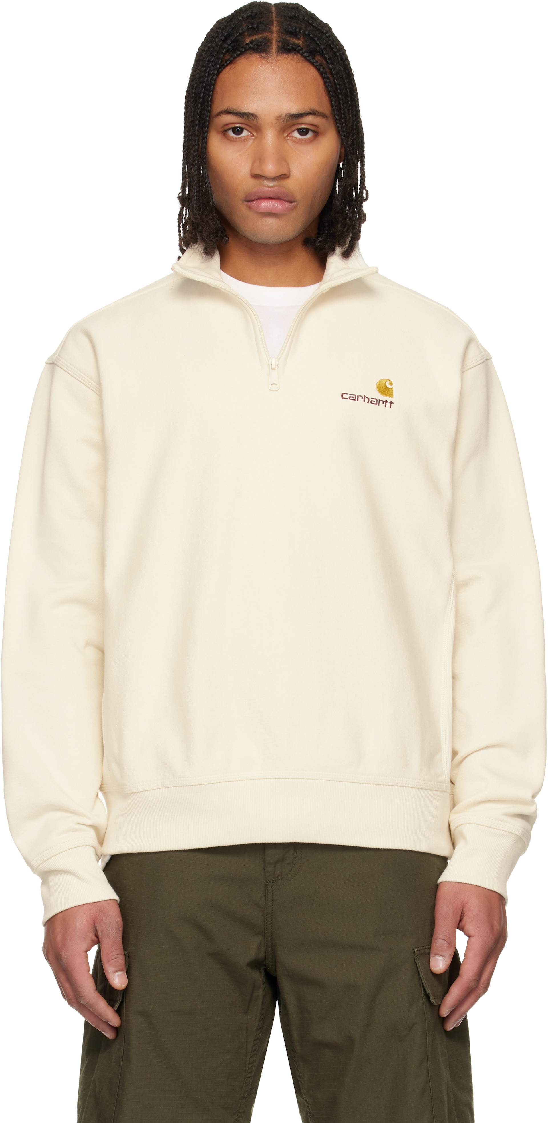 Carhartt Work In Progress - Pull molletonné blanc cassé à demi-glissière et à logo American Script