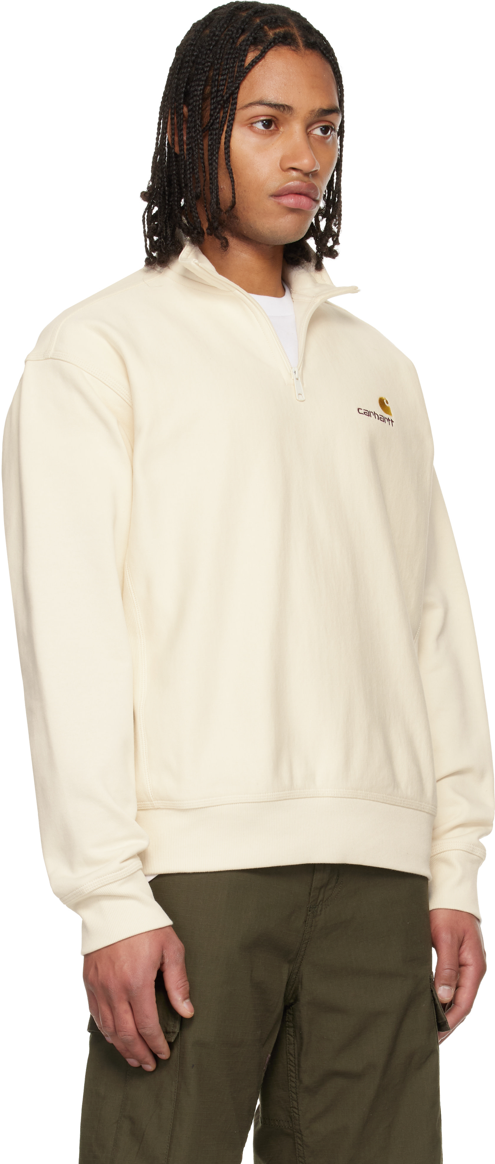 Carhartt Work In Progress - Pull molletonné blanc cassé à demi-glissière et à logo American Script