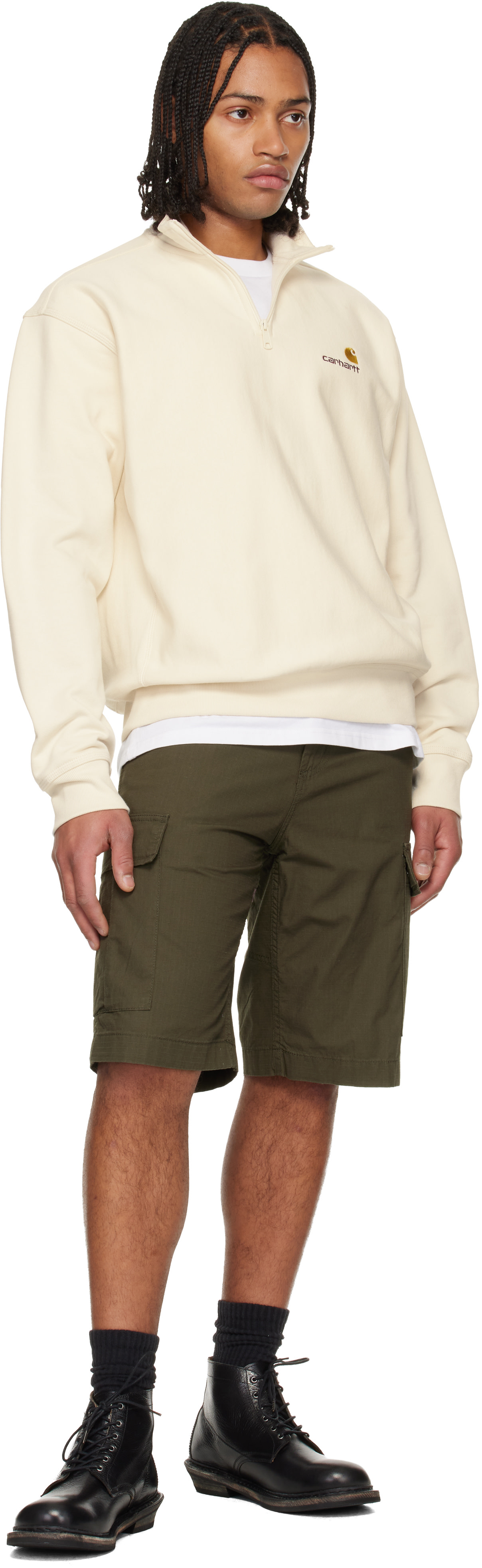 Carhartt Work In Progress - Pull molletonné blanc cassé à demi-glissière et à logo American Script