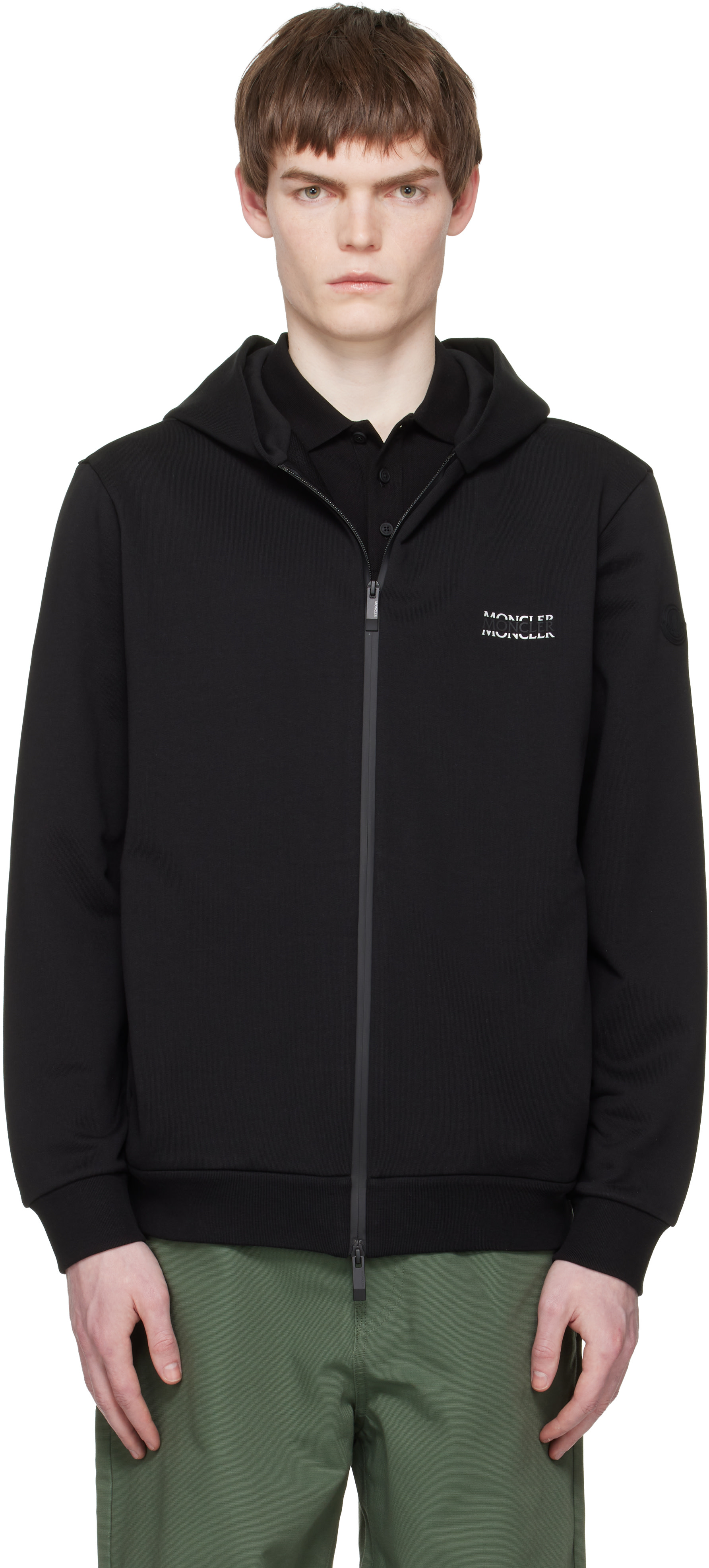 Moncler: Black Logo Cotton Fleece Zip-Up Hoodie | SSENSE