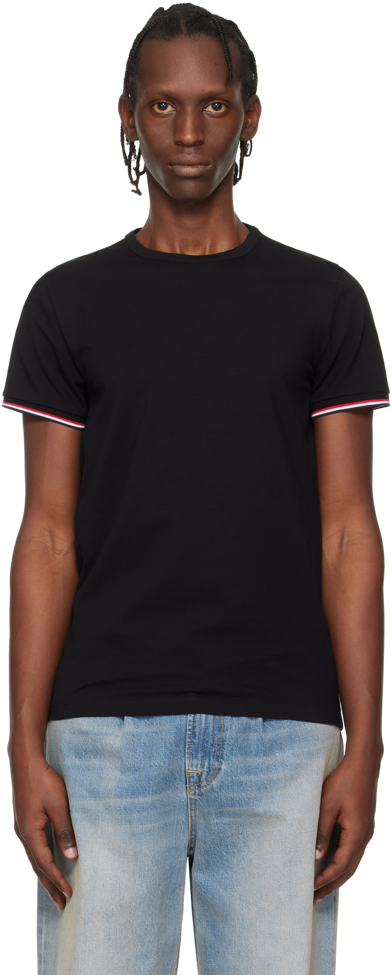 Moncler: Black Tricolor-Trimmed Cotton T-shirt | SSENSE Canada