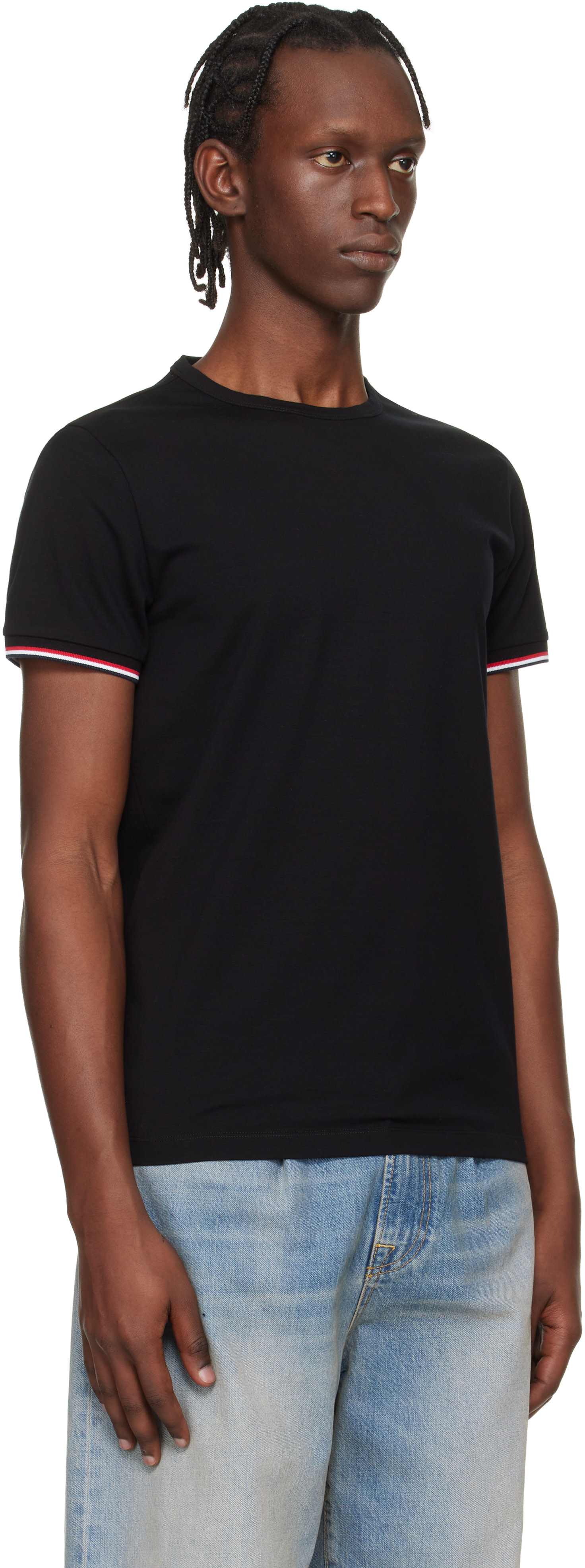Moncler: ブラック Tricolor-Trimmed コットン Tシャツ | SSENSE 日本
