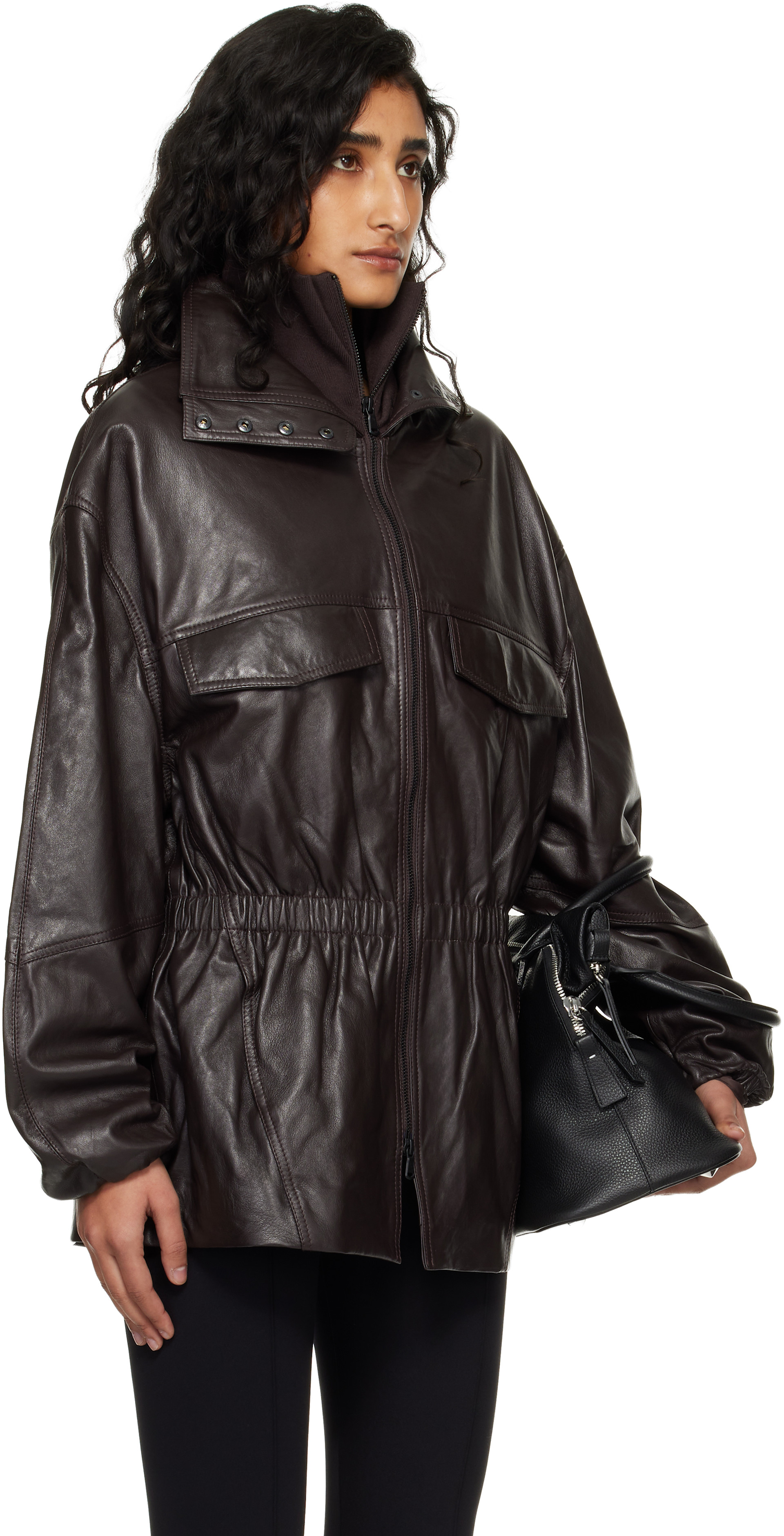 The Frankie Shop: Burgundy Carnaby Funnel Neck Leather Jacket | SSENSE