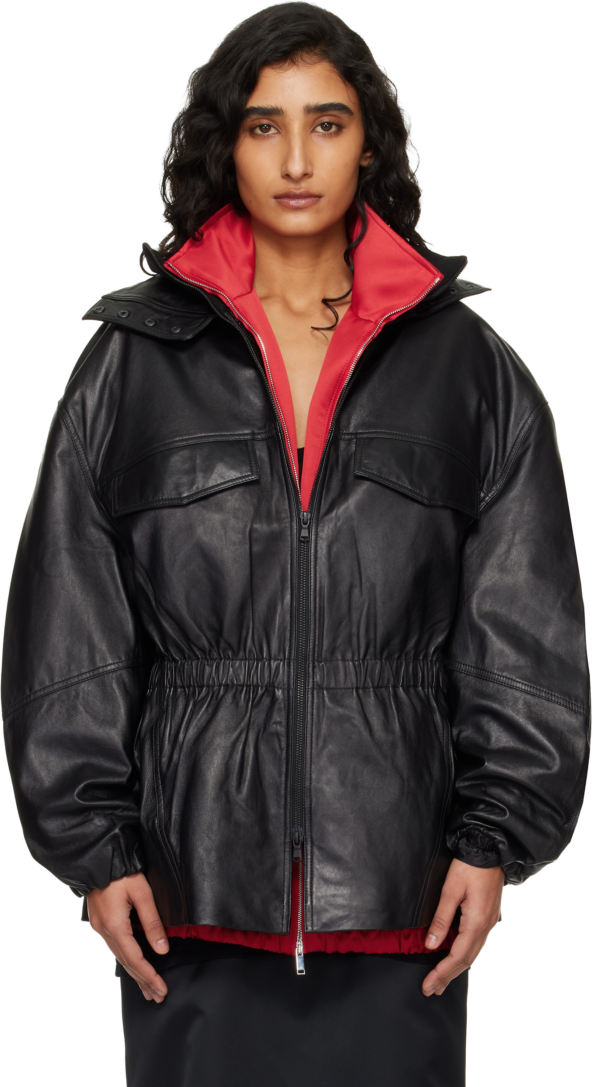 The Frankie Shop: Black Carnaby Funnel Neck Leather Jacket | SSENSE