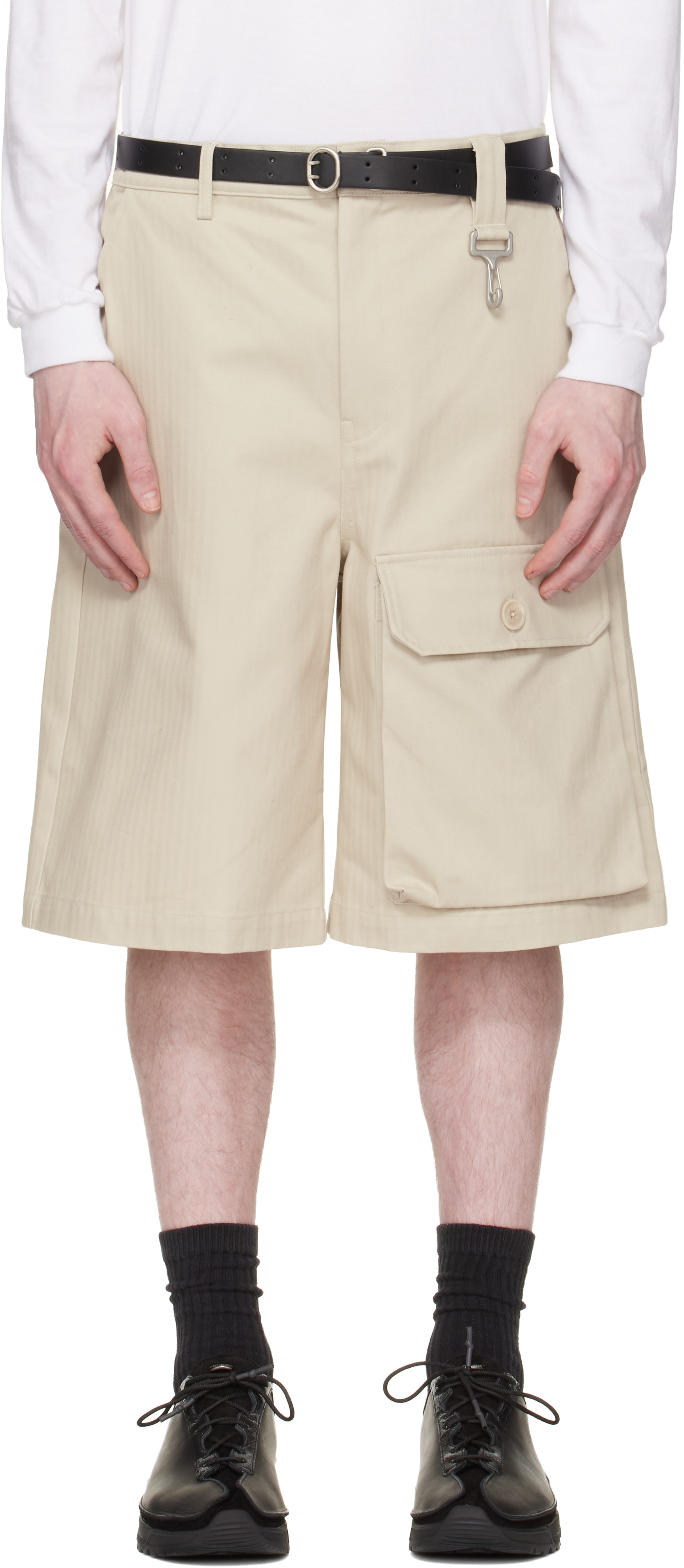 Reese Cooper - Beige Cotton Herringbone Patch Pocket Shorts