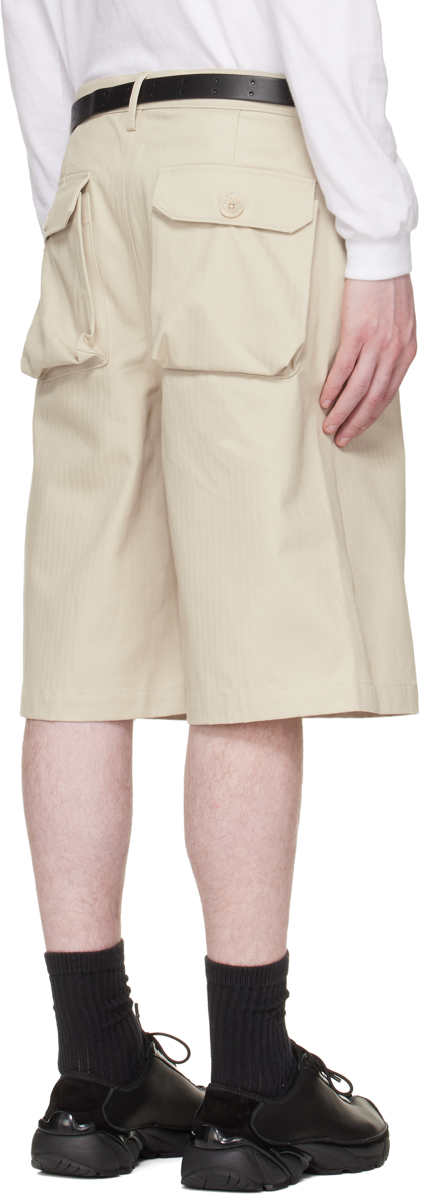 Reese Cooper - Beige Cotton Herringbone Patch Pocket Shorts