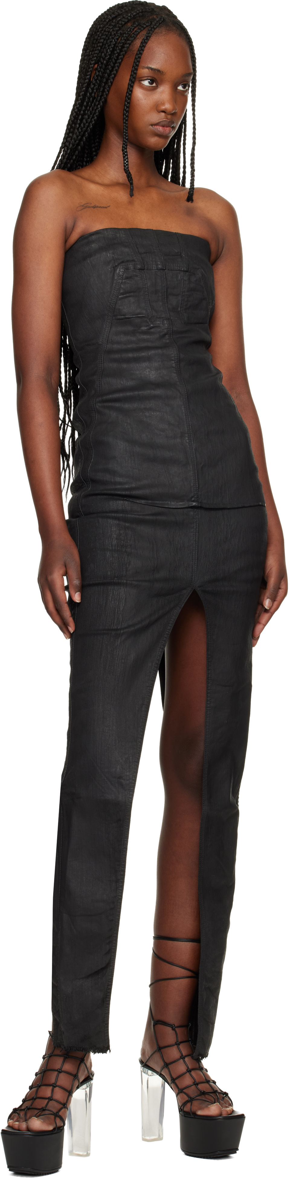 Rick Owens DRKSHDW: ブラック Temple Sliced ビスチェ デニム マキシ