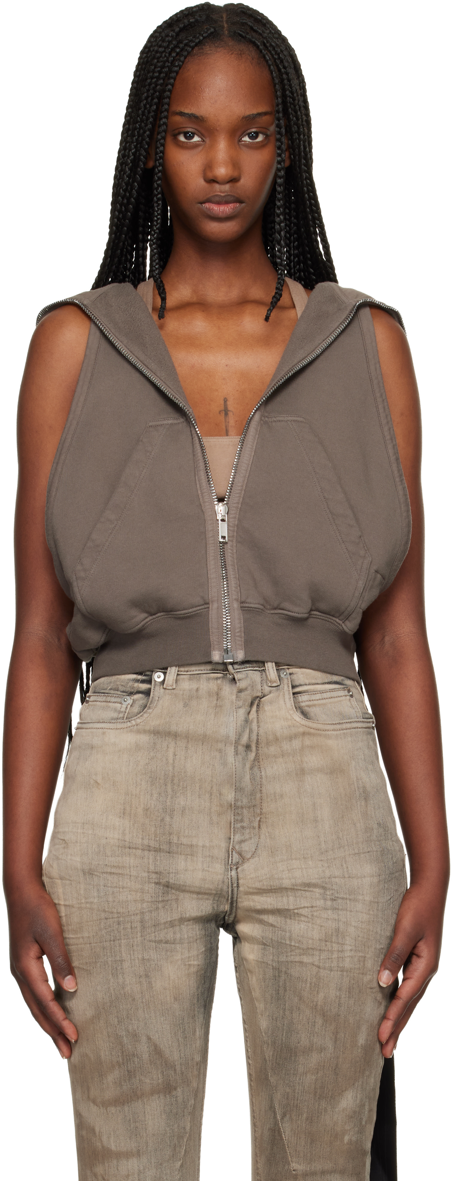 Rick Owens DRKSHDW - Pull à capuche sans manches Cyclops brun - Temple