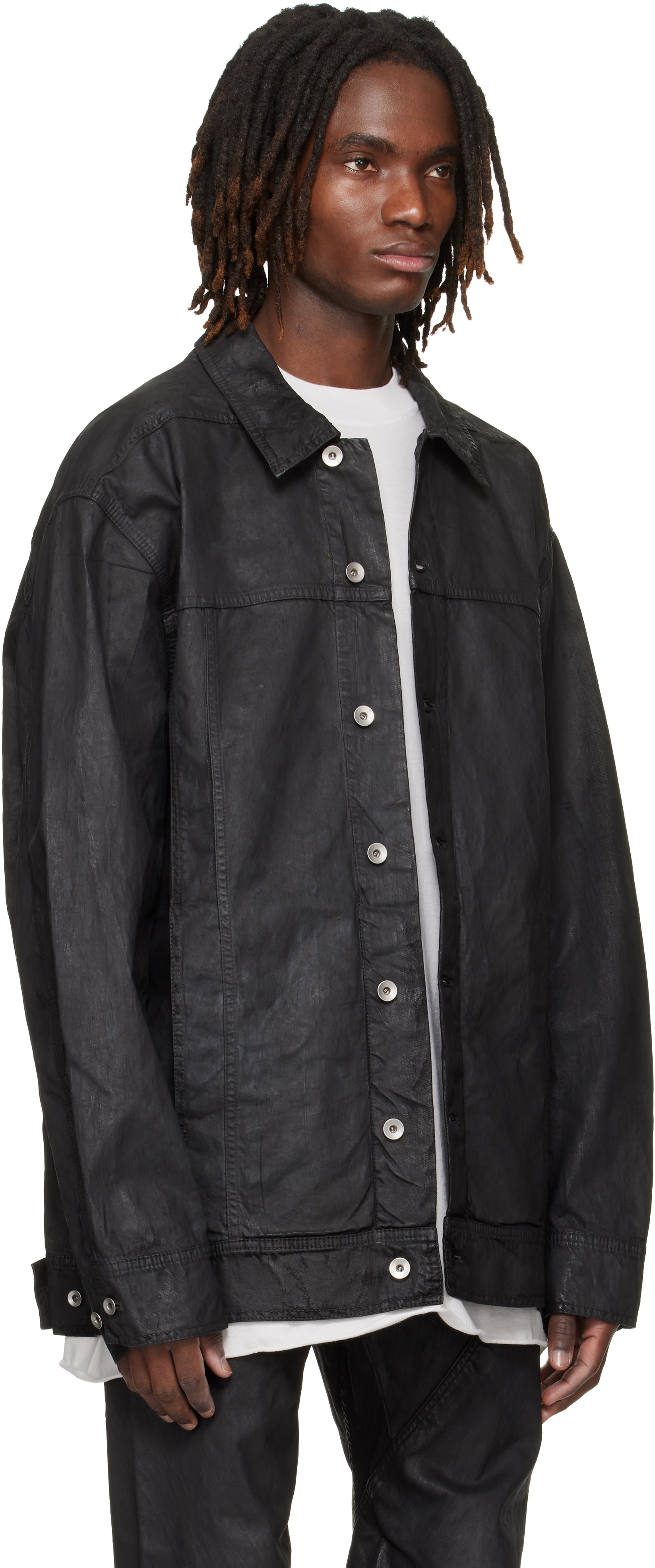 Rick Owens DRKSHDW: Black Temple Jumbo Worker Denim Jacket | SSENSE