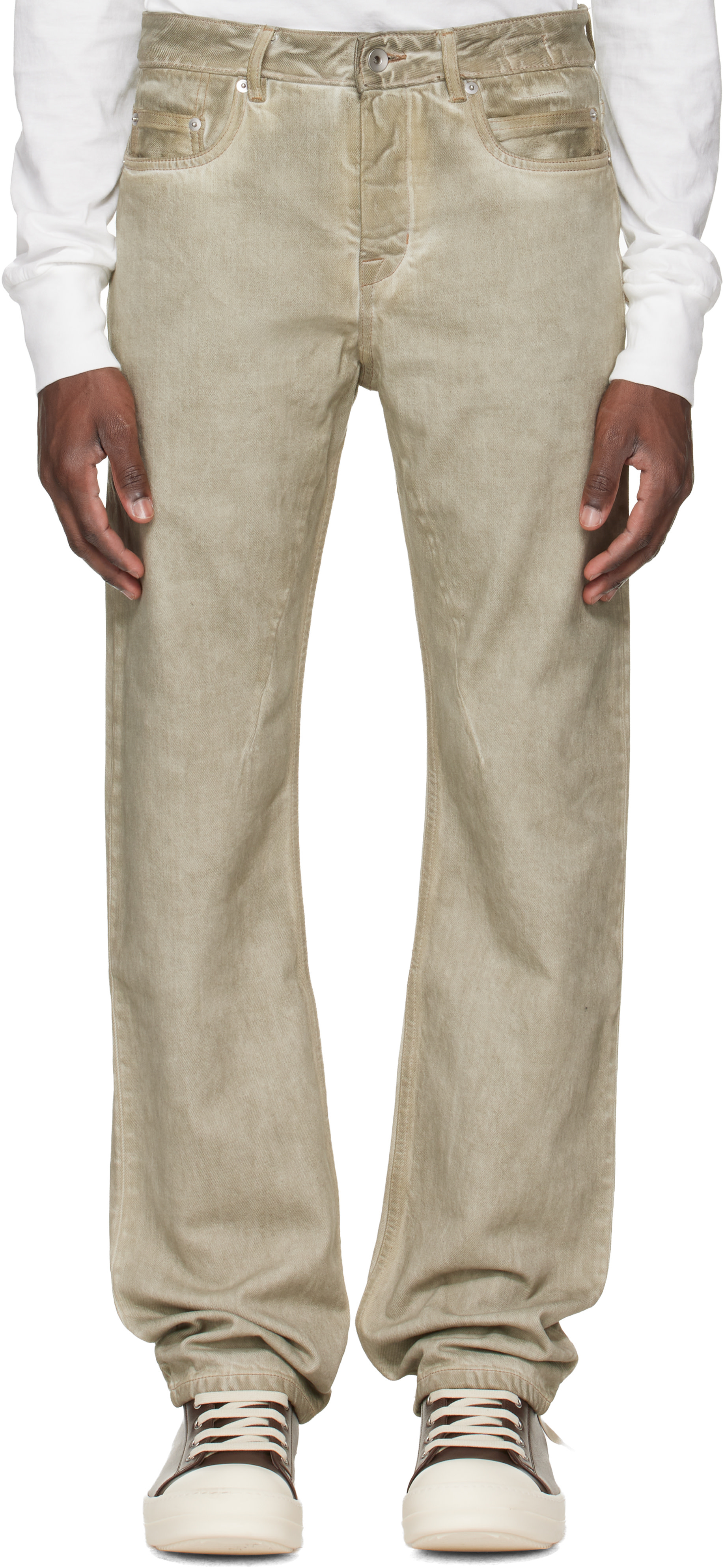 Rick Owens DRKSHDW: Beige Temple Fog Cut Jeans | SSENSE