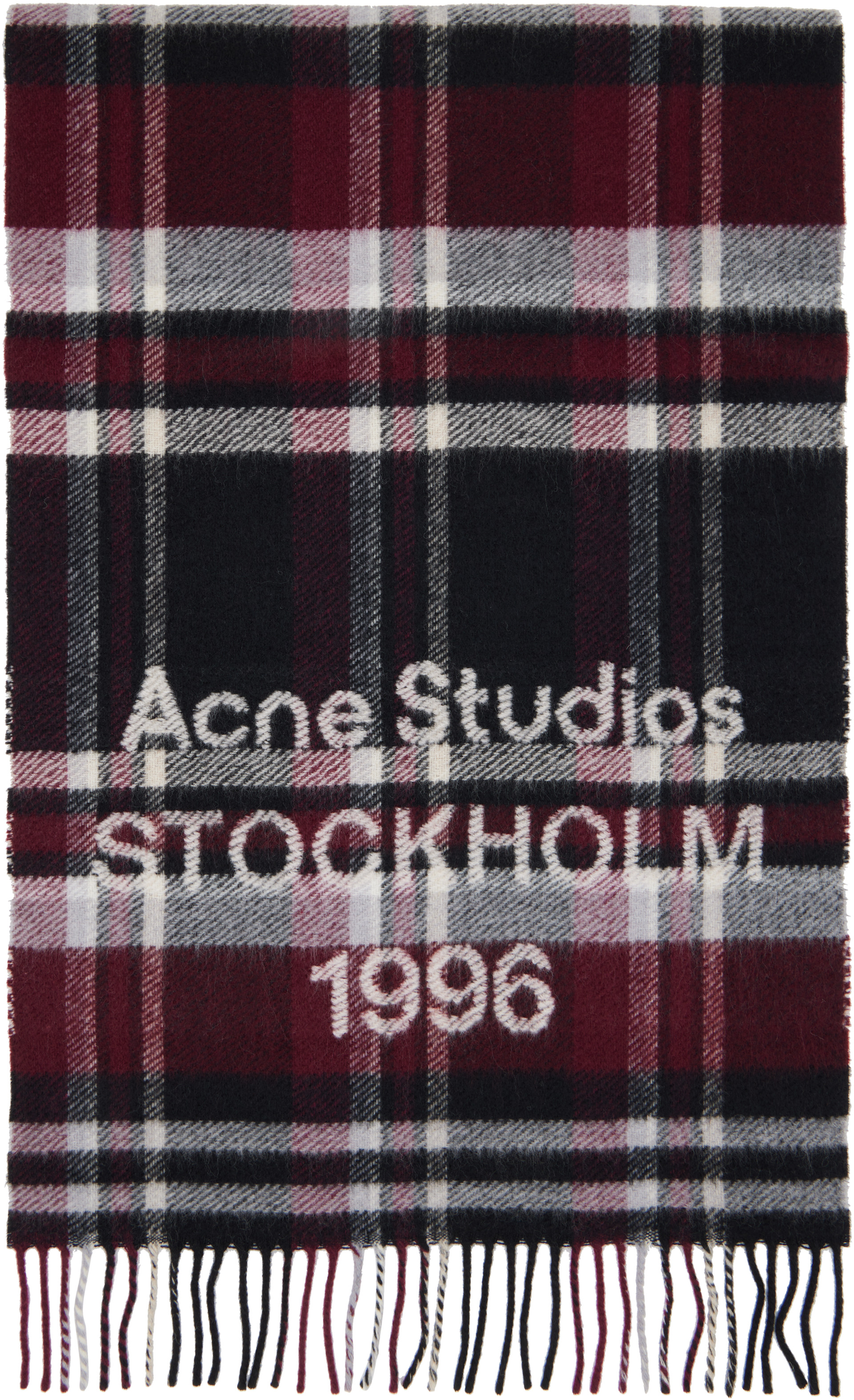Acne Studios: ブラック＆バーガンディ ロゴ フリンジ マフラー 