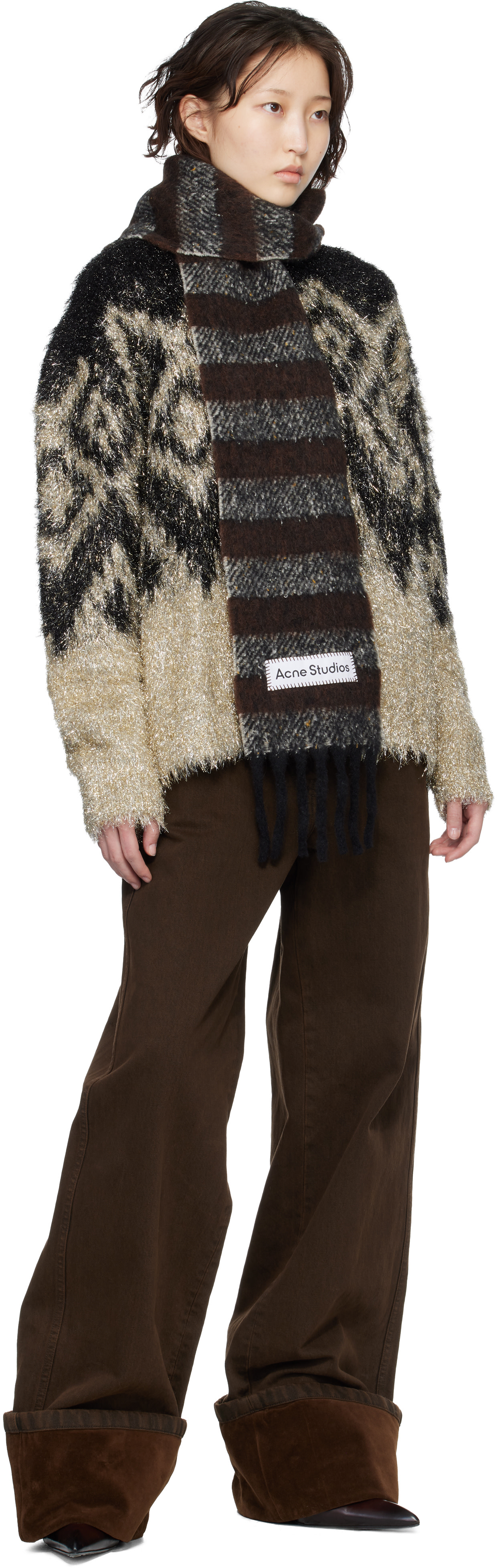Acne Studios: ブラウン＆グレー Fringed Wool Skinny マフラー