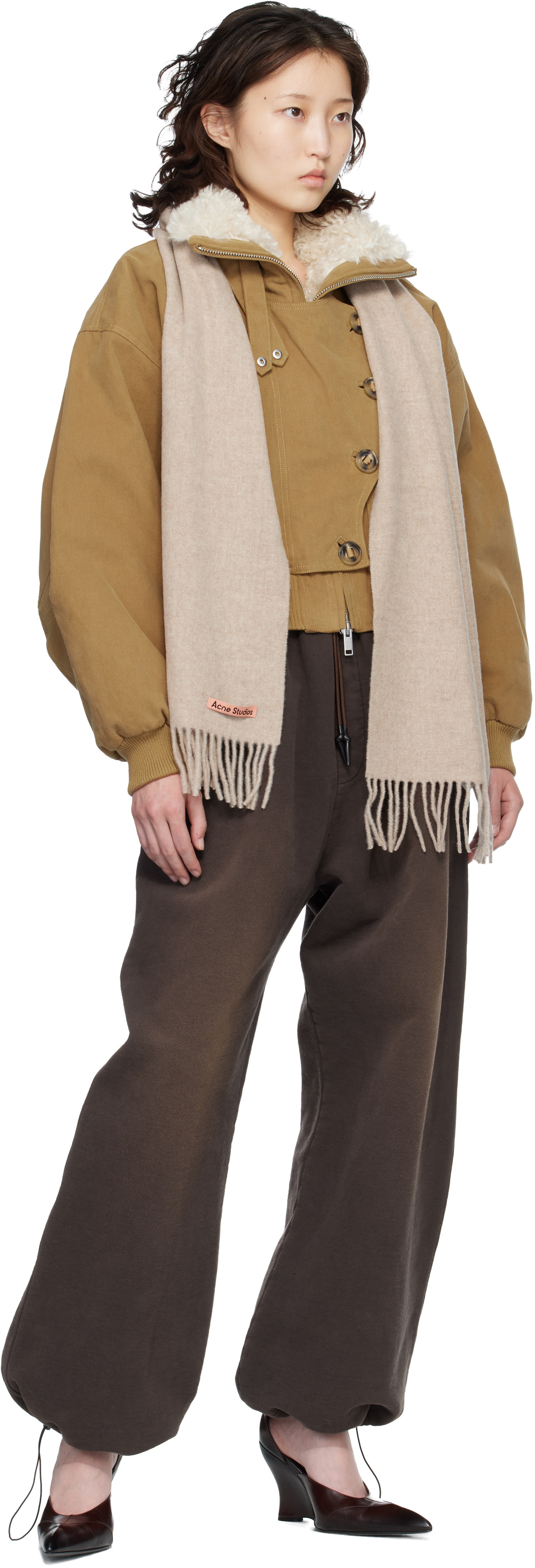 Acne Studios - Écharpe fine beige en laine à franges