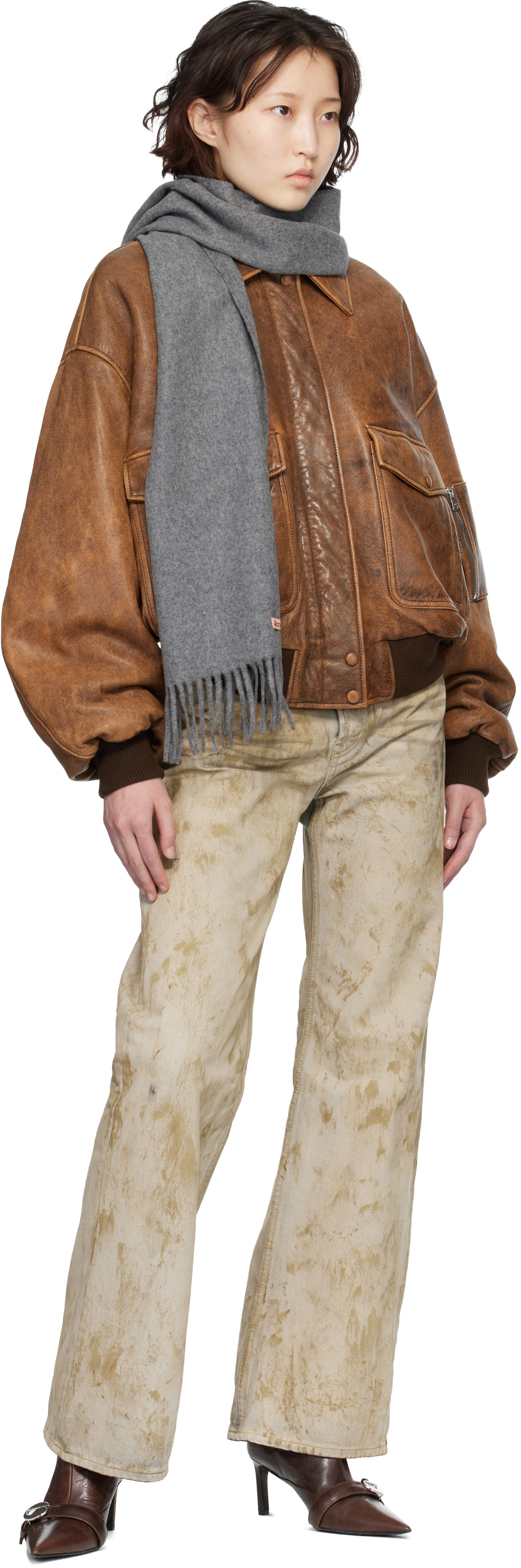 Acne Studios - Écharpe fine grise en laine à franges