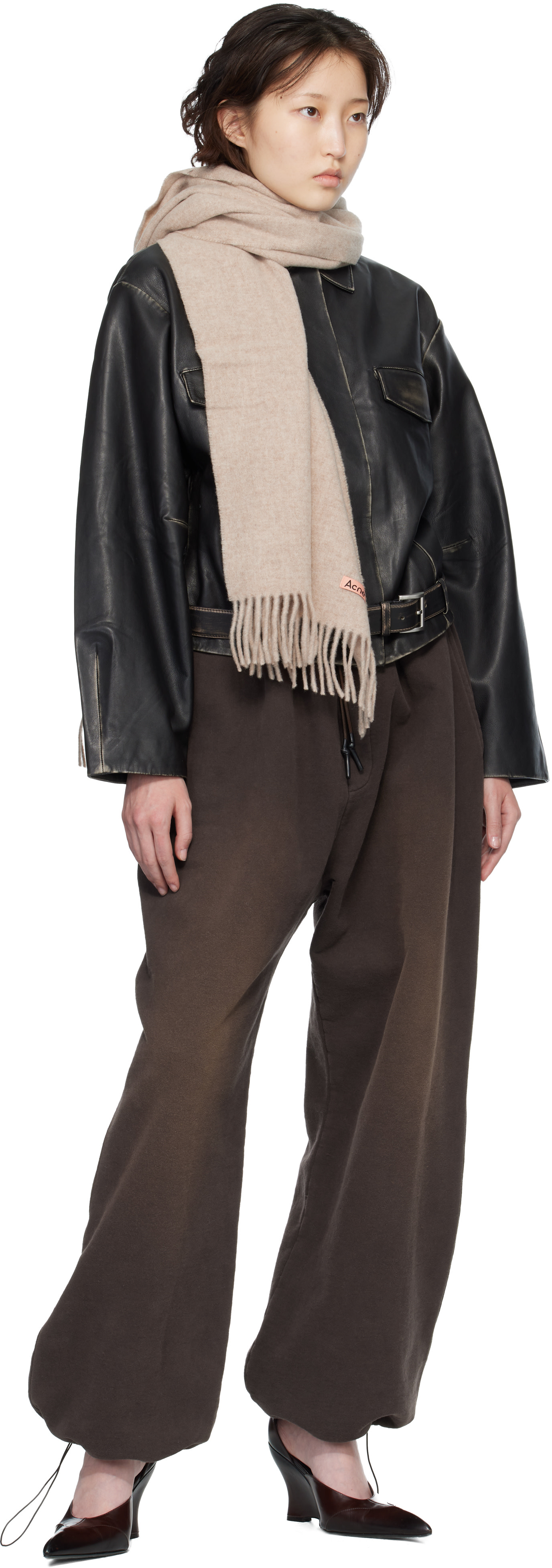 Acne Studios - Écharpe étroite beige en laine à franges