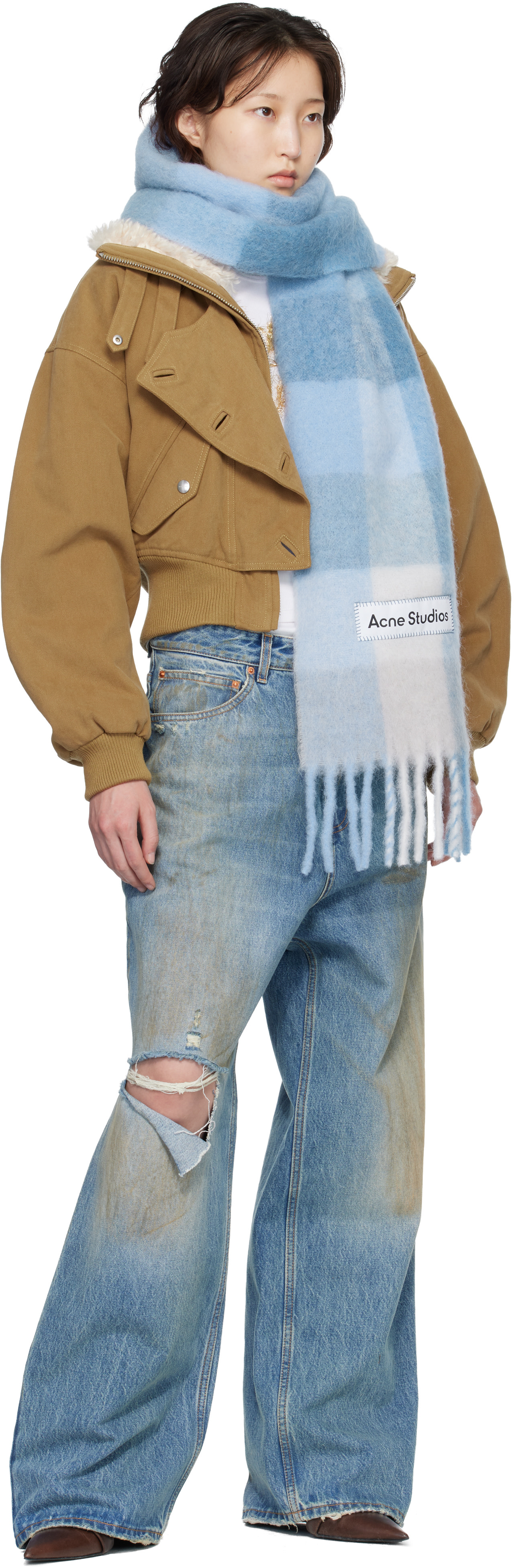 Acne Studios - 블루 모헤어 체크 스카프