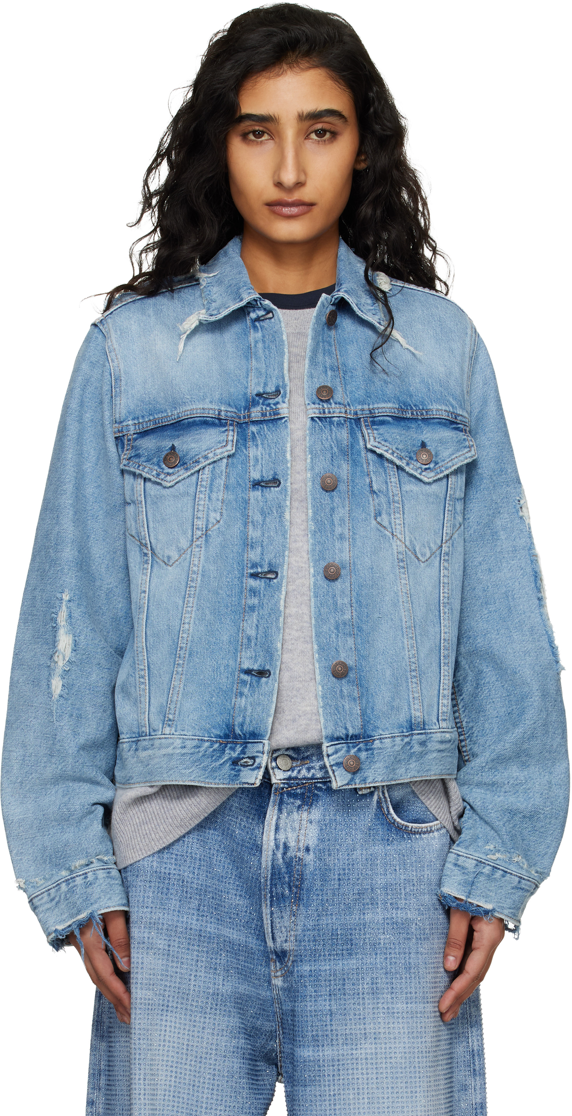 Acne Studios: Blue Distressed Denim Jacket | SSENSE