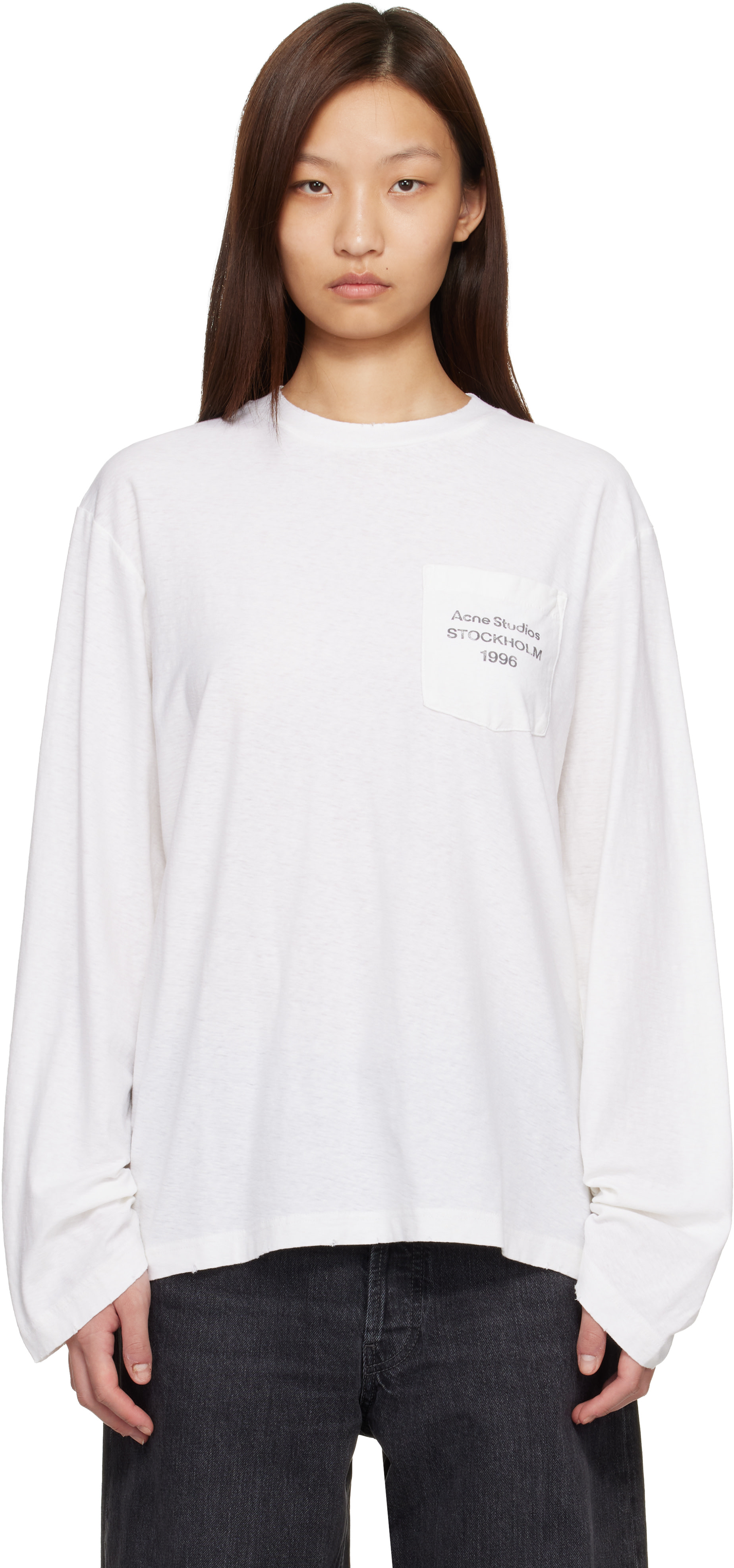 Acne Studios ホワイト ロングスリーブ Tシャツ XL Acne Studios: White Logo T-shirt | SSENSE