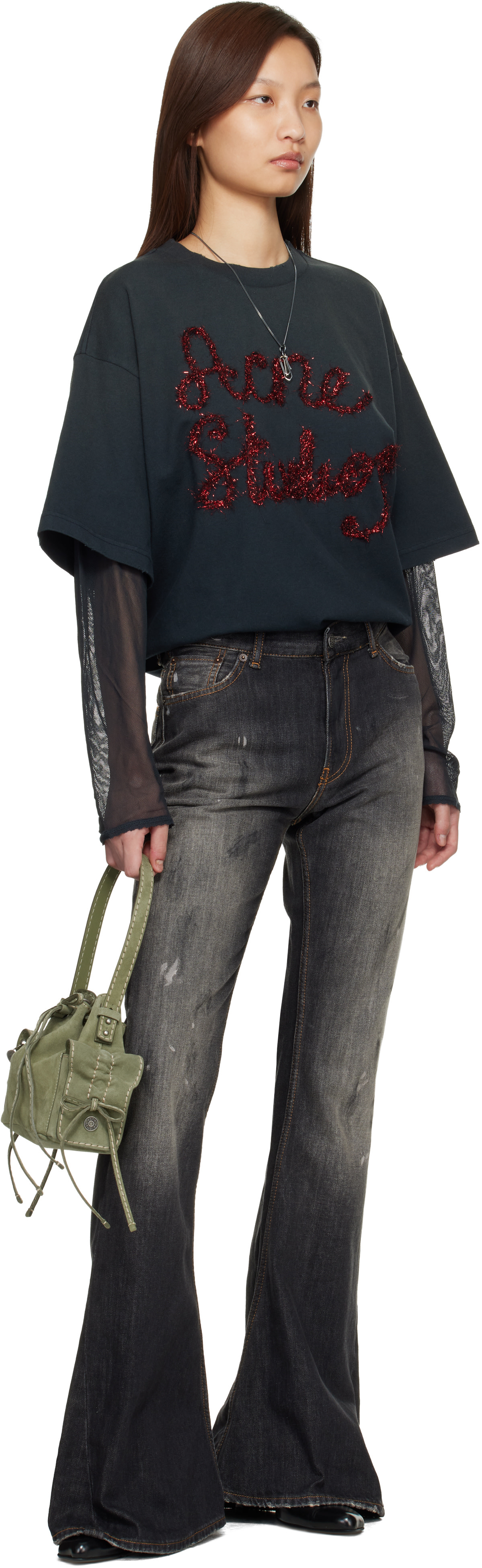 Acne Studios - T-shirt étagé gris à logo
