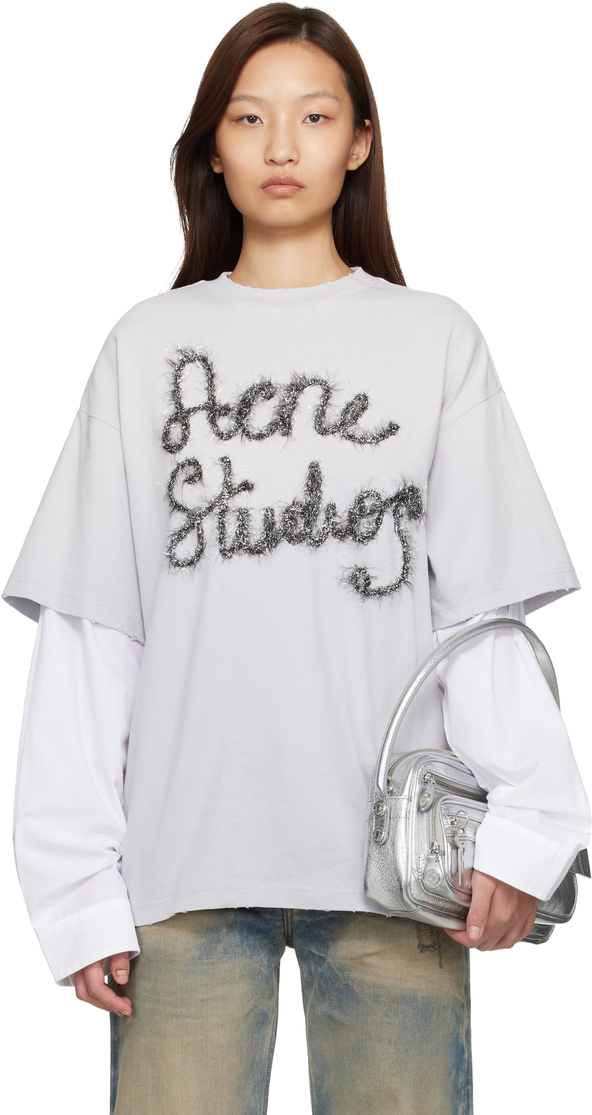 Acne Studios - T-shirt étagé gris à logo
