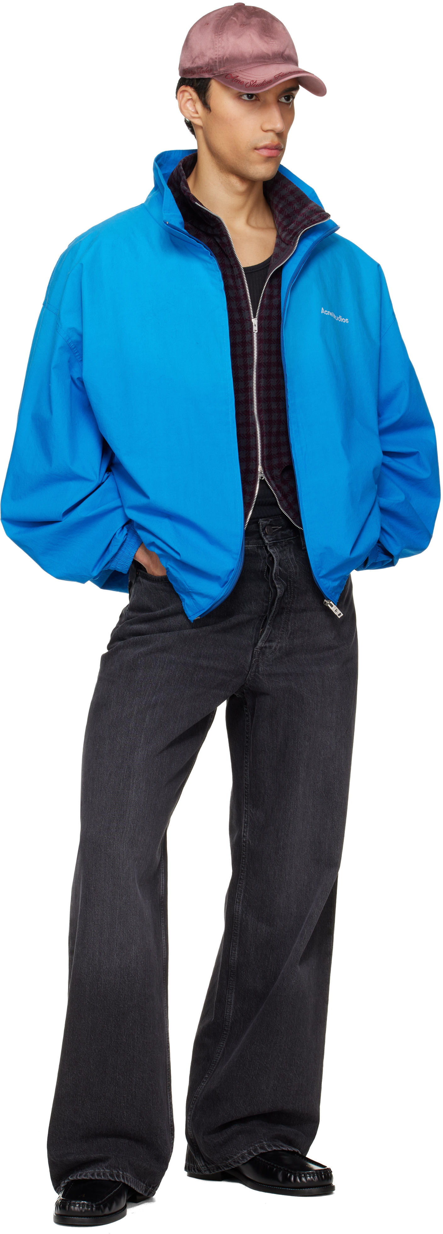 Acne Studios - Blouson bleu à logos et à glissière
