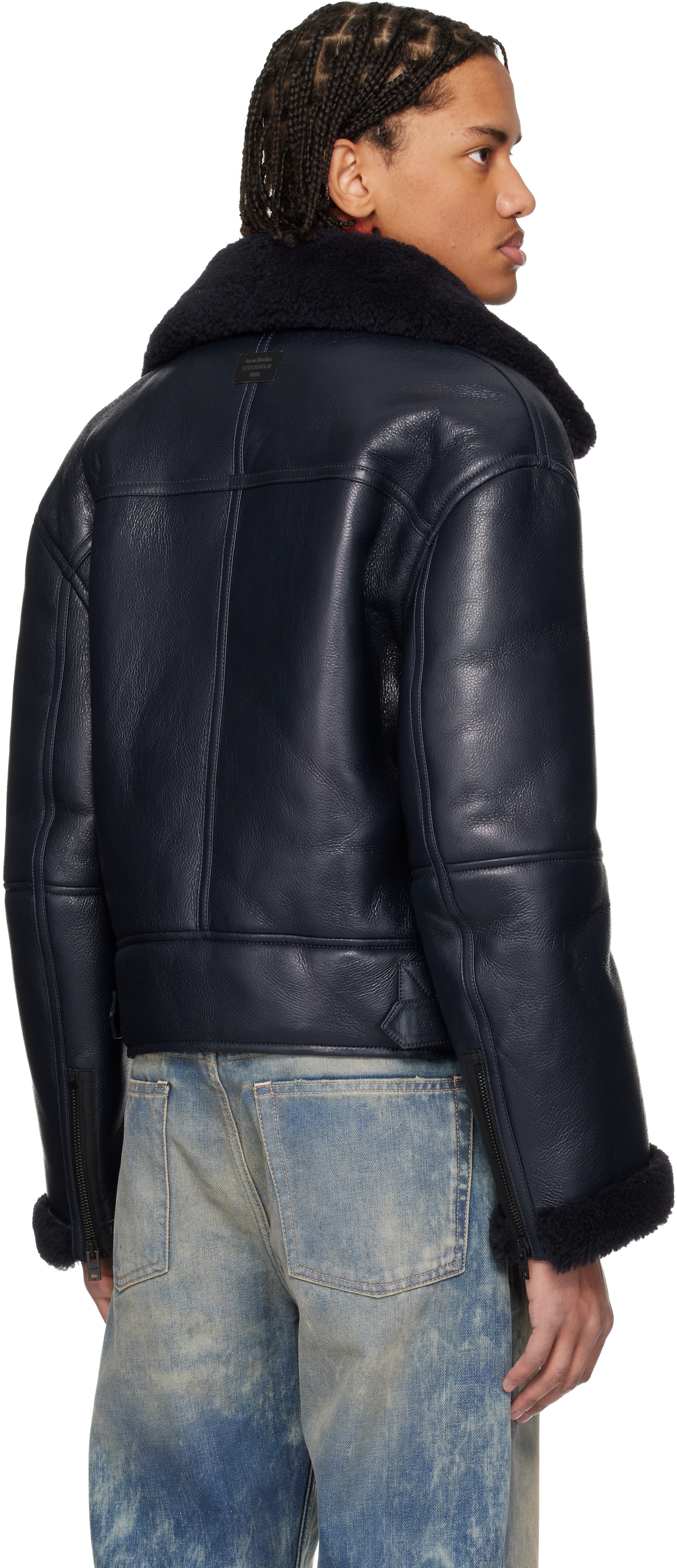 Acne Studios: Navy Lambskin Shearling Jacket | SSENSE