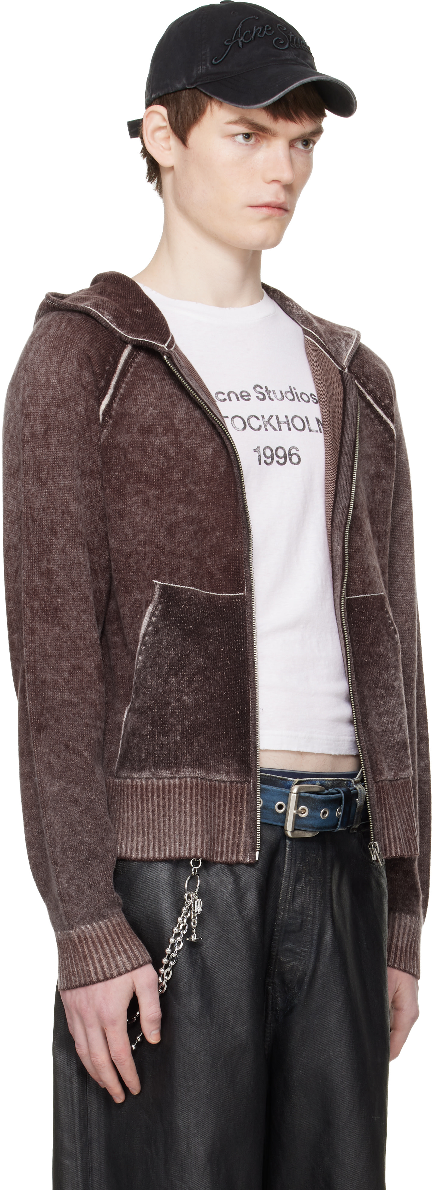 Acne Studios - Pull à capuche bourgogne à glissière