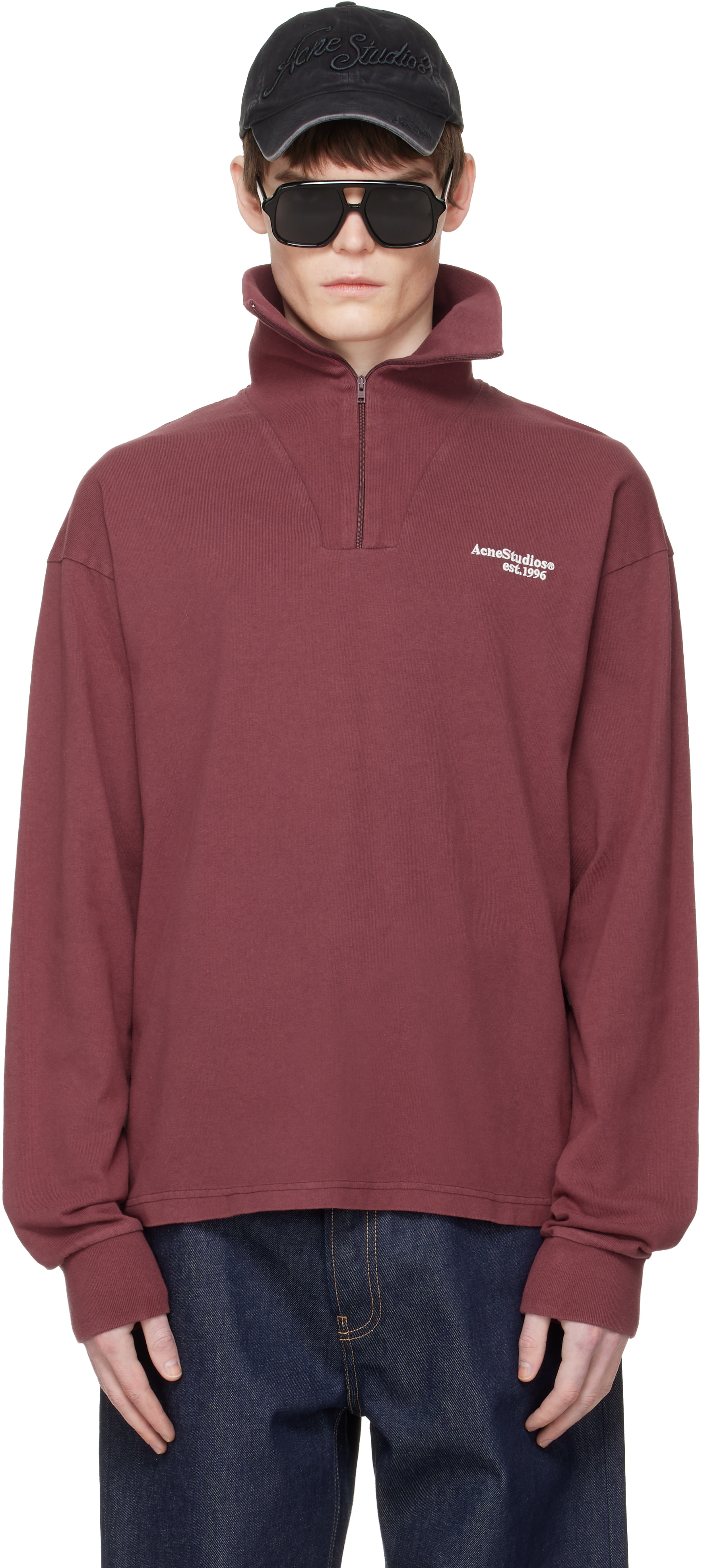 Acne Studios - Pull molletonné rouge à logo et à demi-glissière