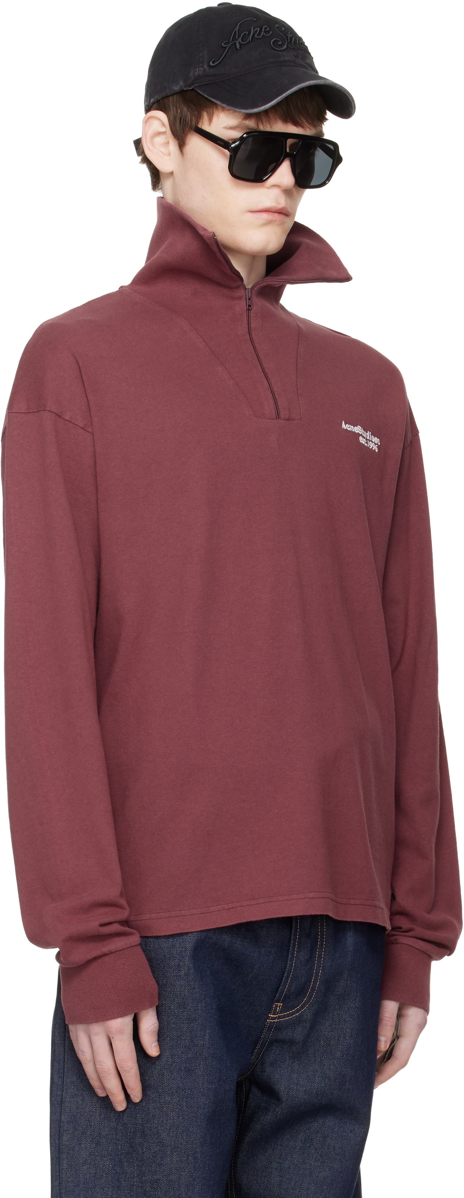 Acne Studios - Pull molletonné rouge à logo et à demi-glissière
