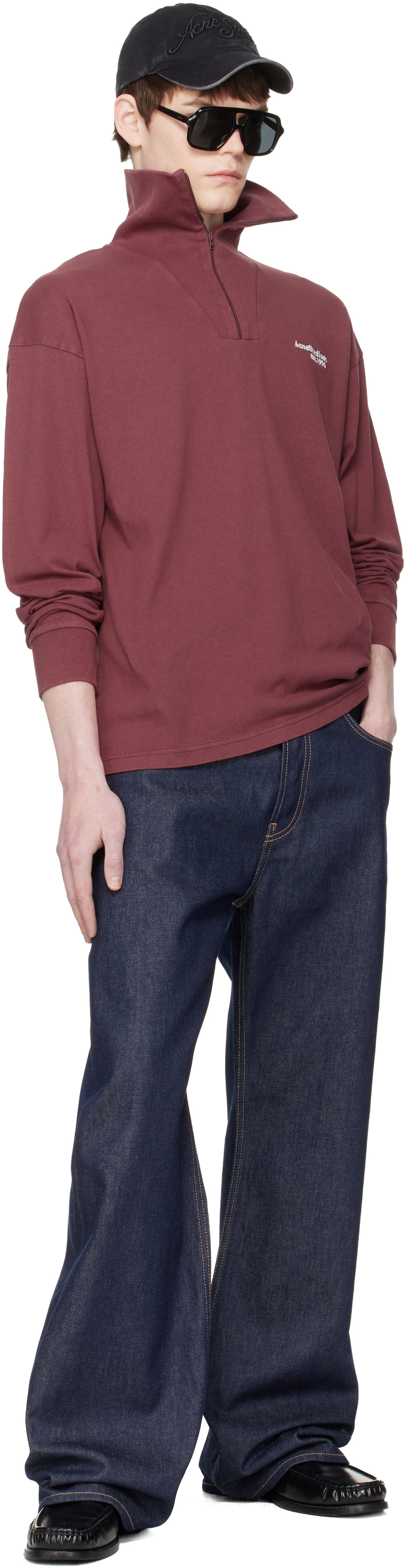 Acne Studios - Pull molletonné rouge à logo et à demi-glissière
