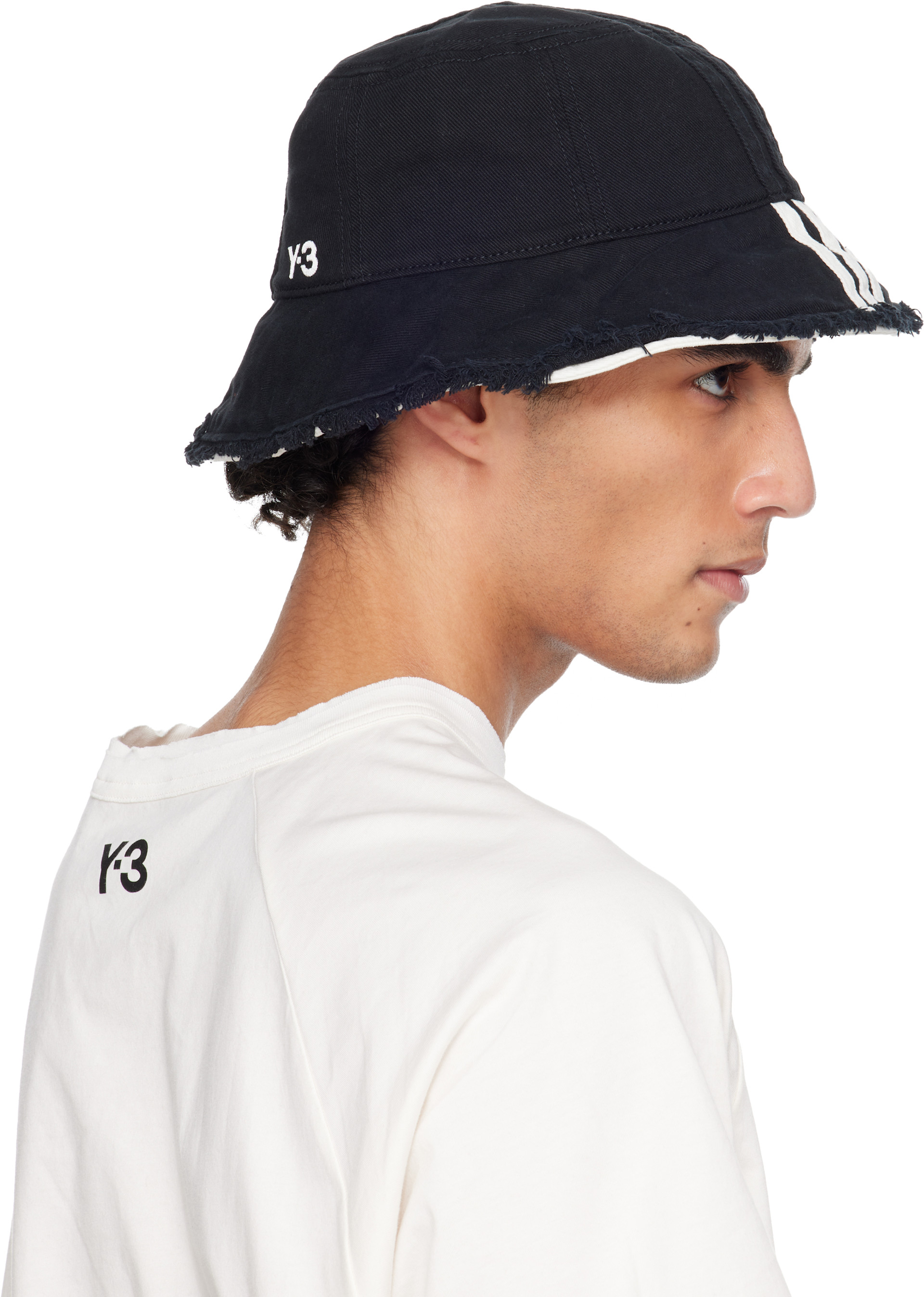 帽子 Y-3 STRIPES BUCKET HAT Y-3: Black Denim Stripes Bucket Hat | SSENSE