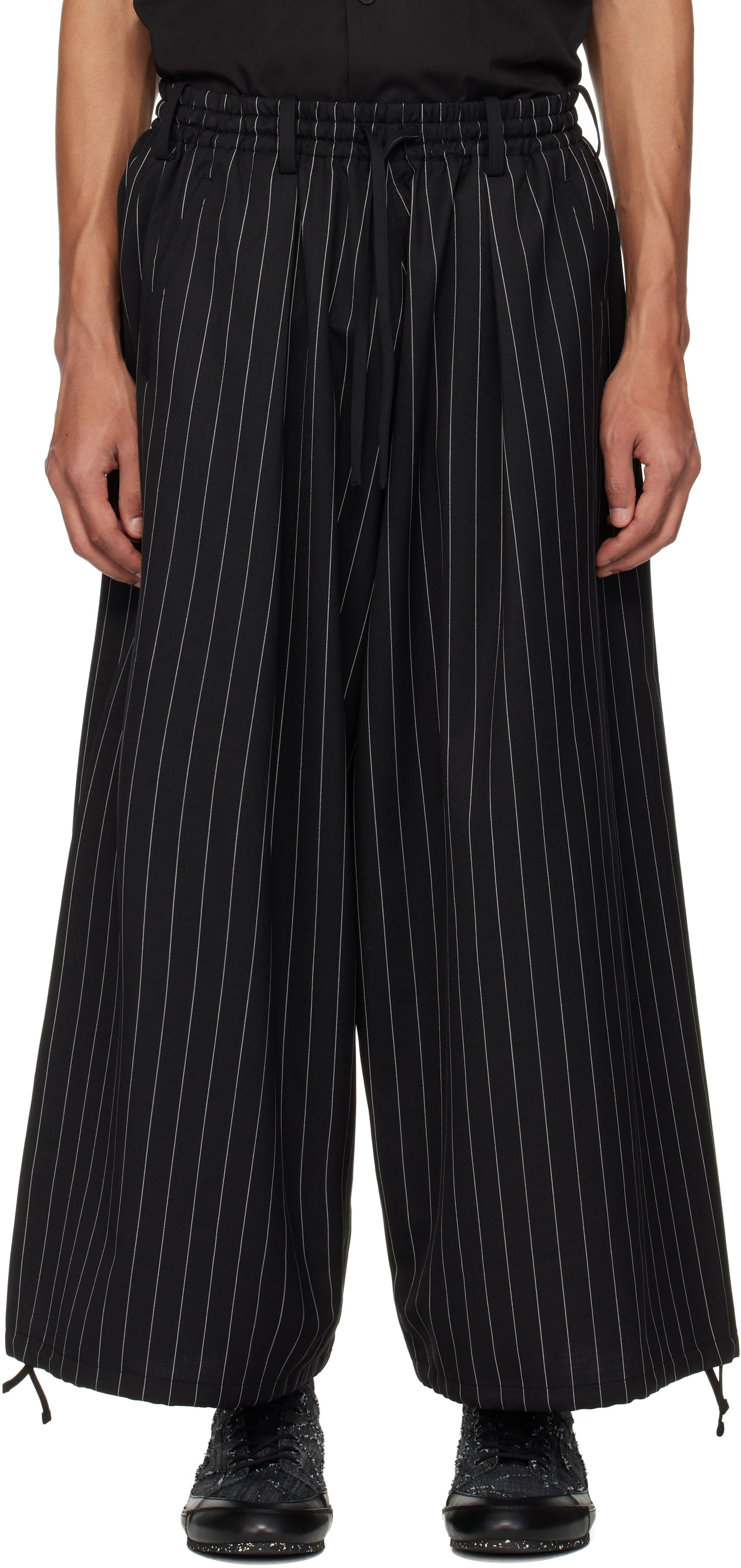 Y-3: Black Refined Wool Cropped Wide Leg Trousers | SSENSE