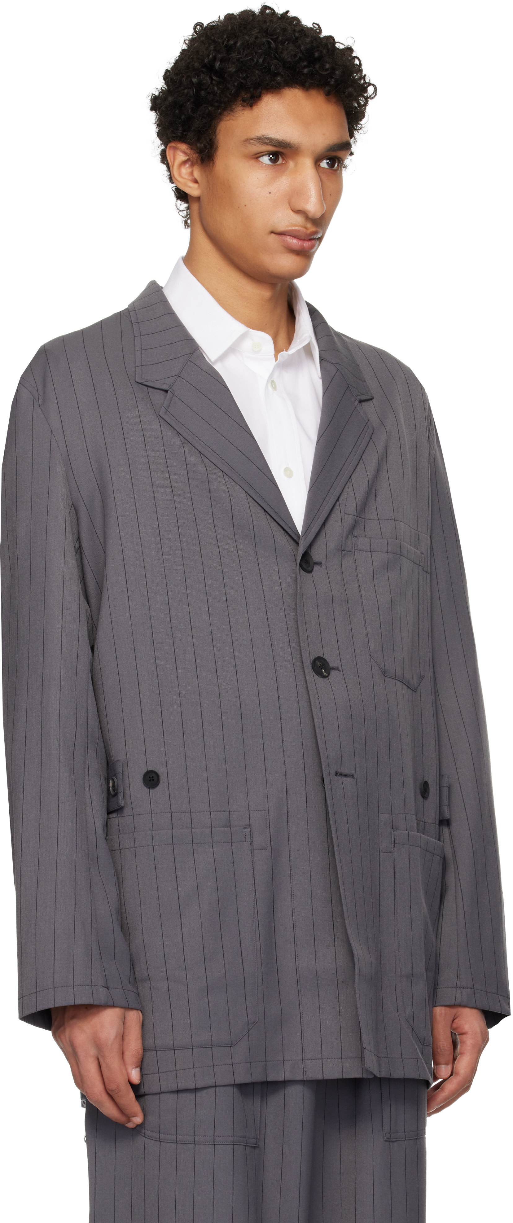 Y-3: グレー Pinstripe Refined Wool Chore テーラードジャケット