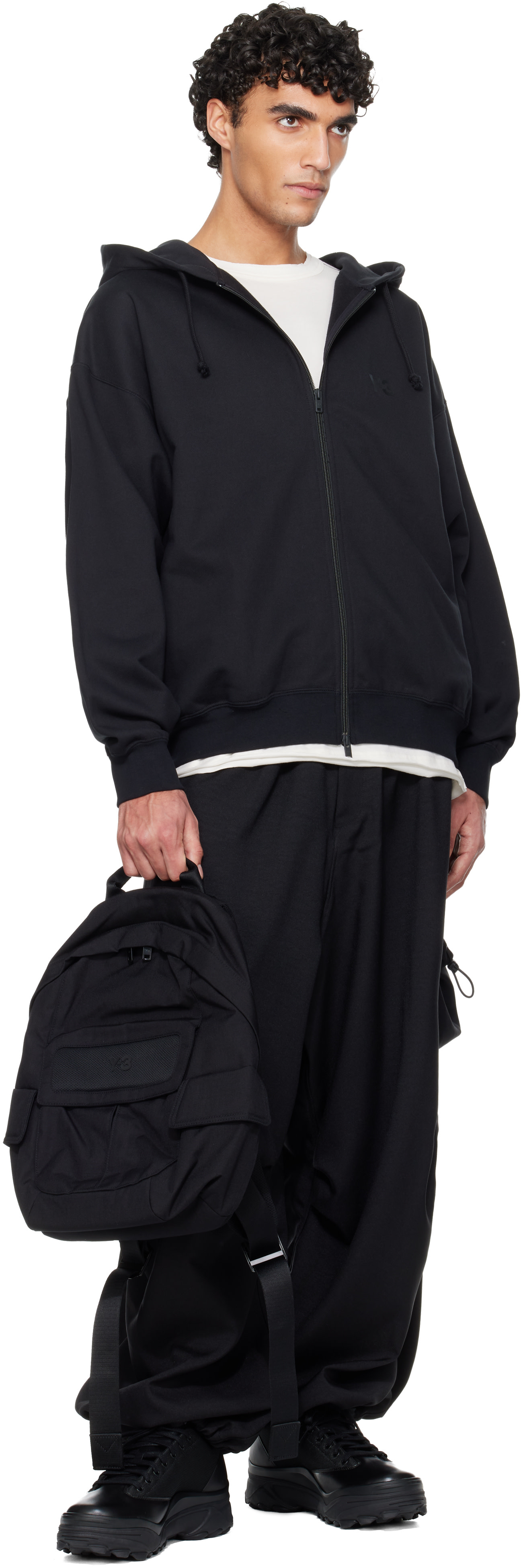 Y-3: Black Brushed Terry Zip Hoodie | SSENSE