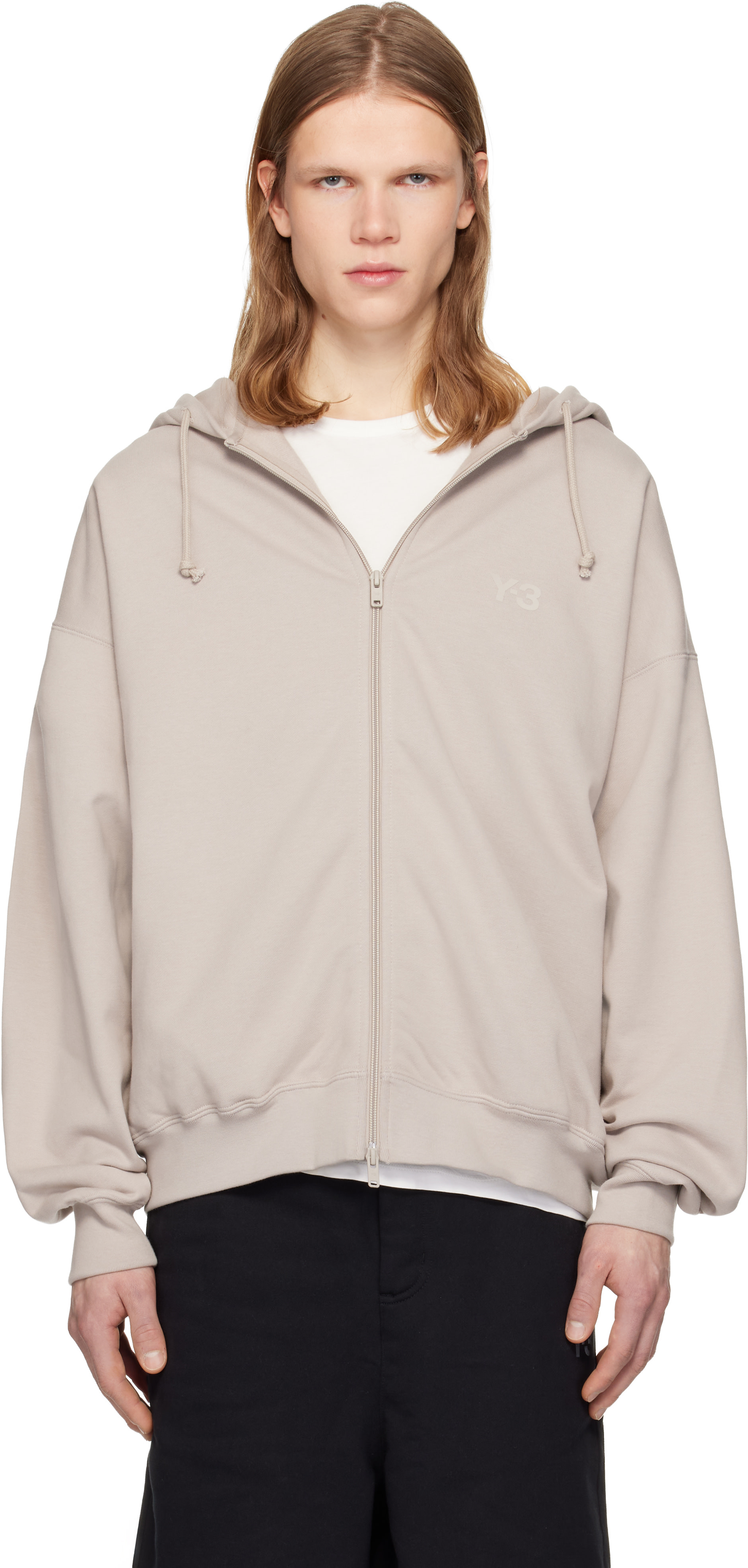 Y-3: Taupe Brushed Terry Zipper Hoodie | SSENSE