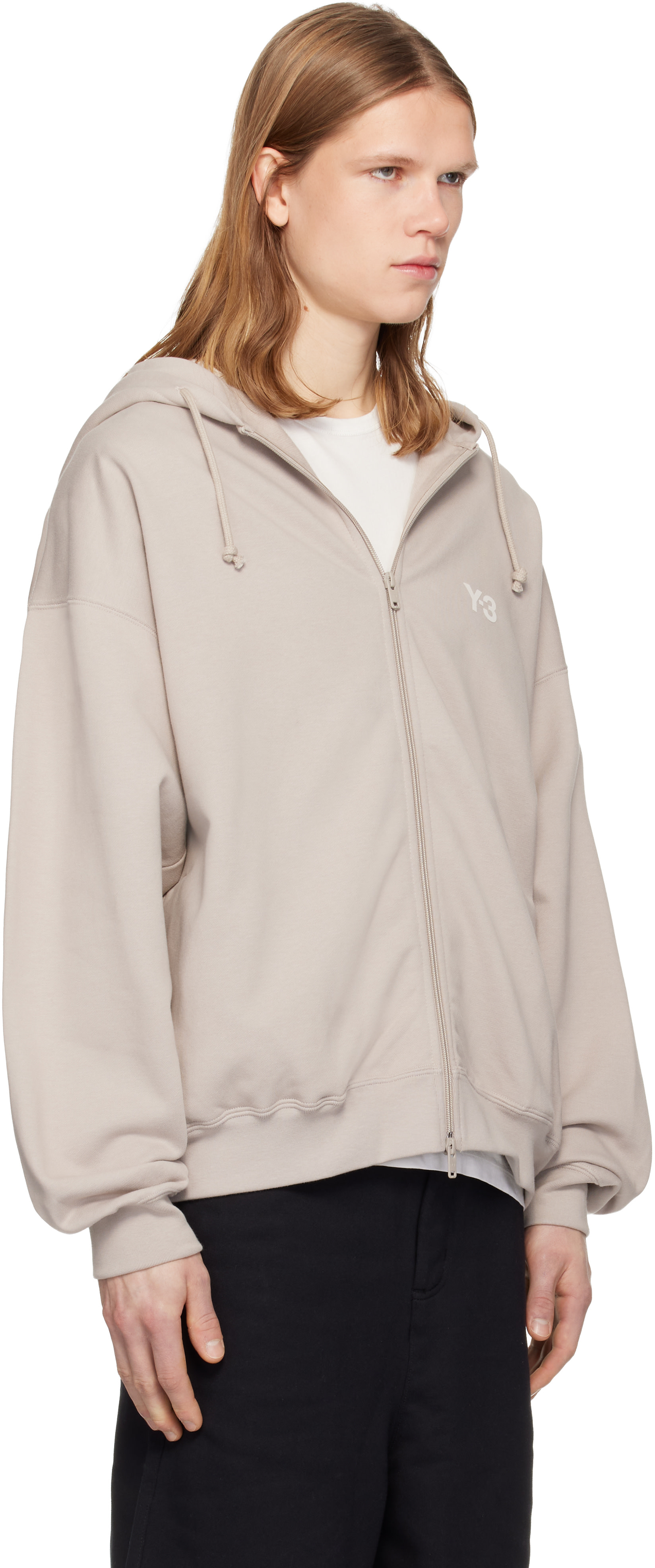 Y-3 - Pull à capuche taupe en molleton à glissière