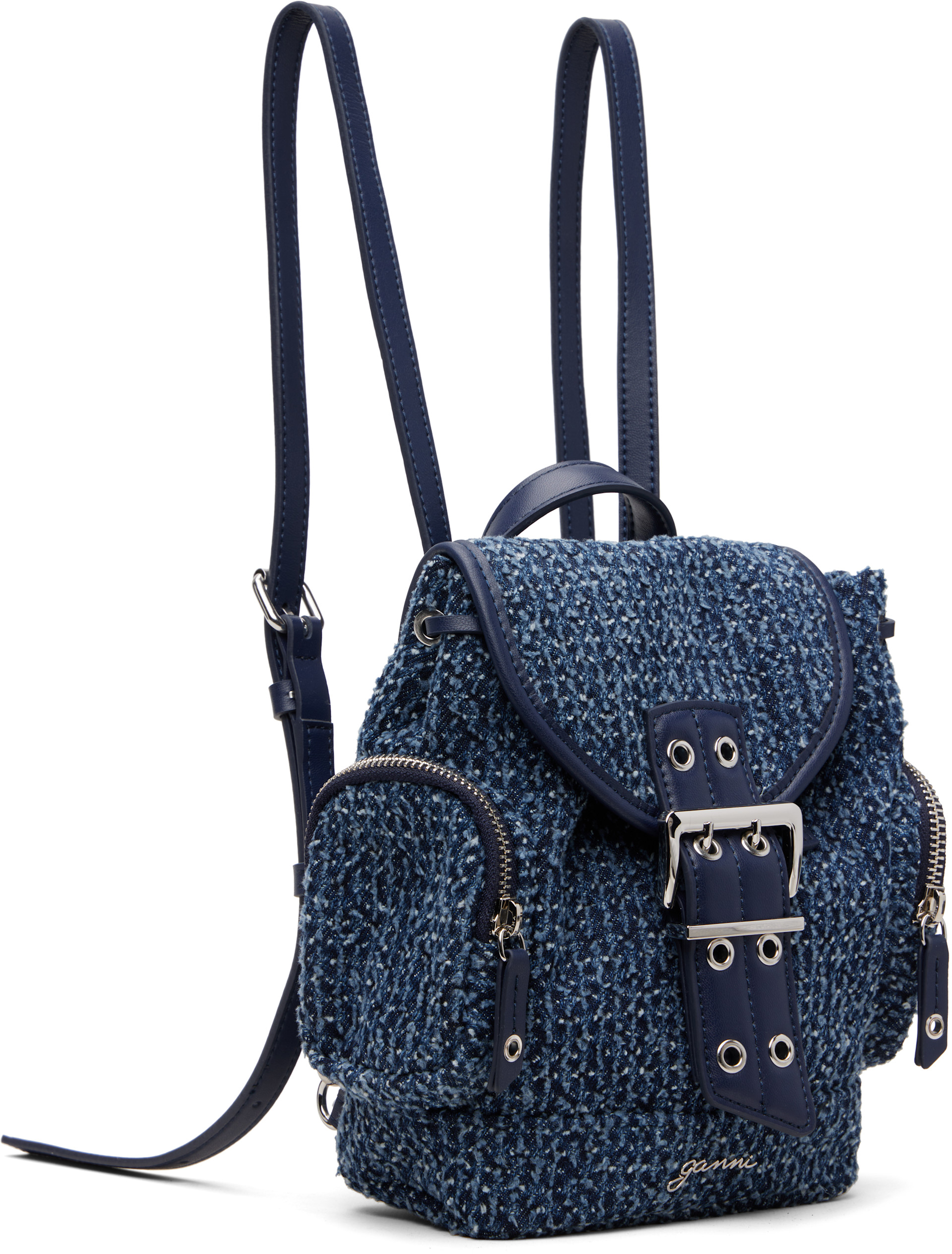 GANNI: Blue Bucky Nano Tweed Denim Backpack | SSENSE New Zealand