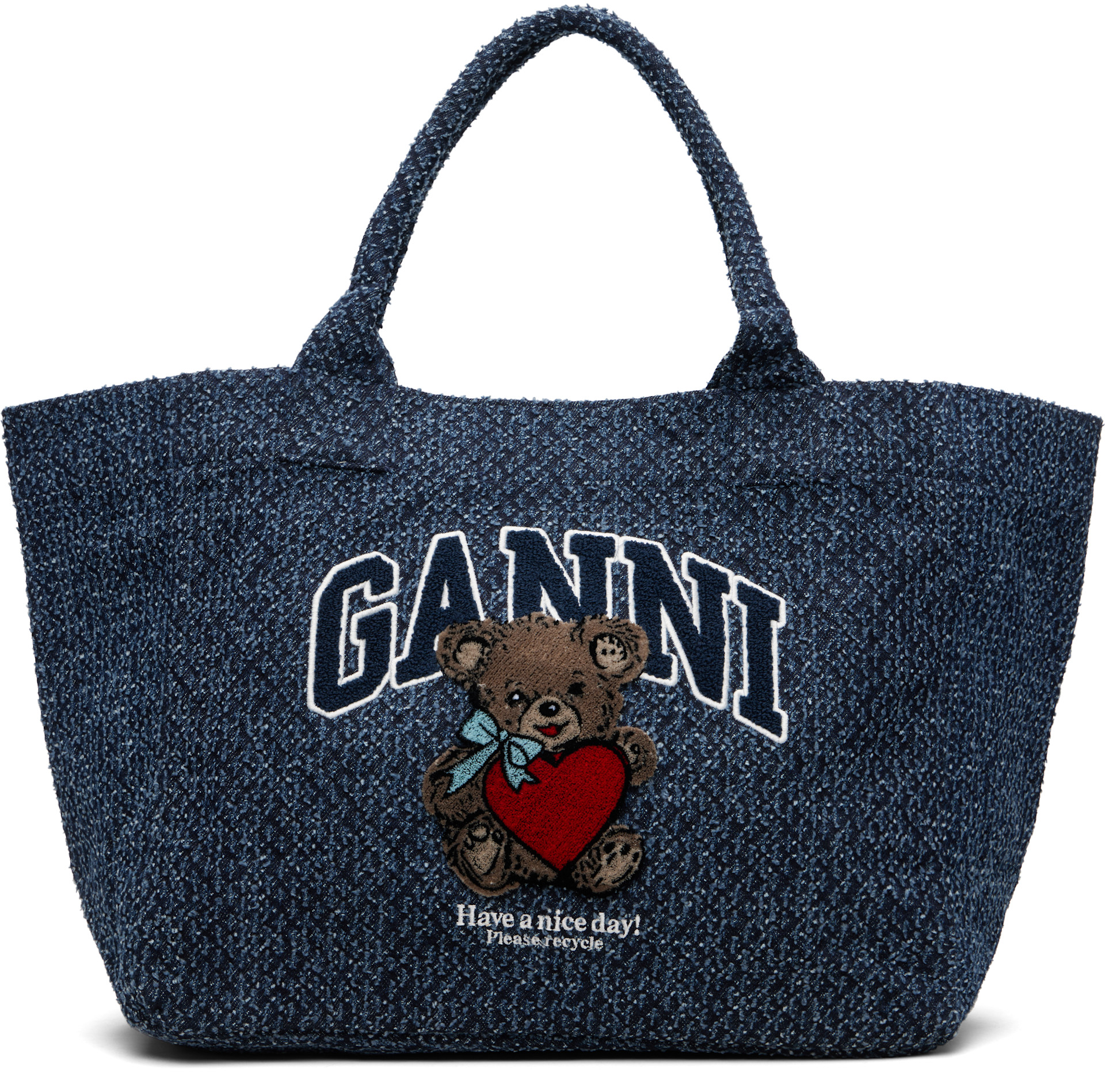GANNI: ネイビー ミディアム Trapeze Bear Denim Shopper トートバッグ 