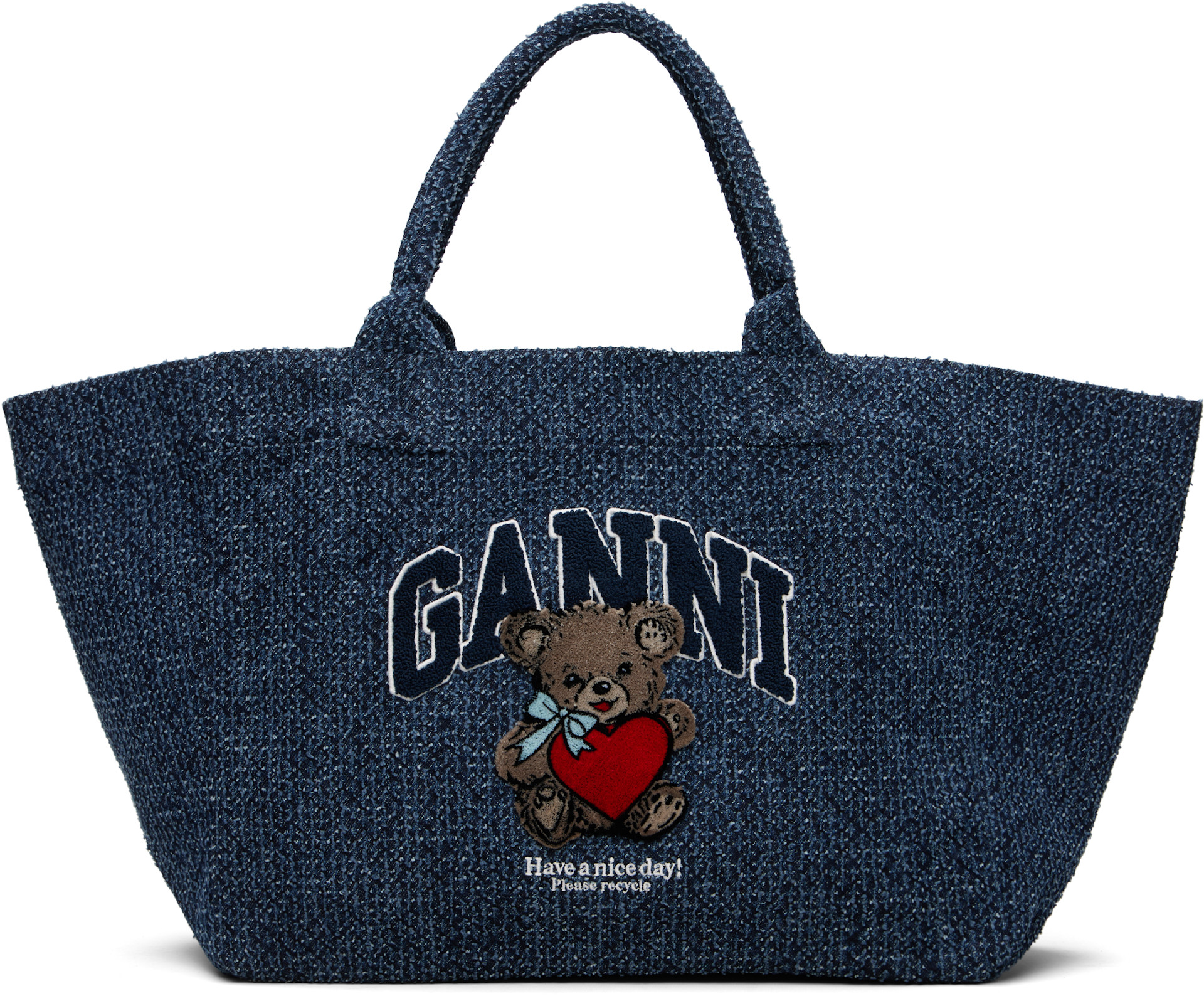 GANNI: ネイビー XXL Bear Tweed Denim Shopper トートバッグ | SSENSE 